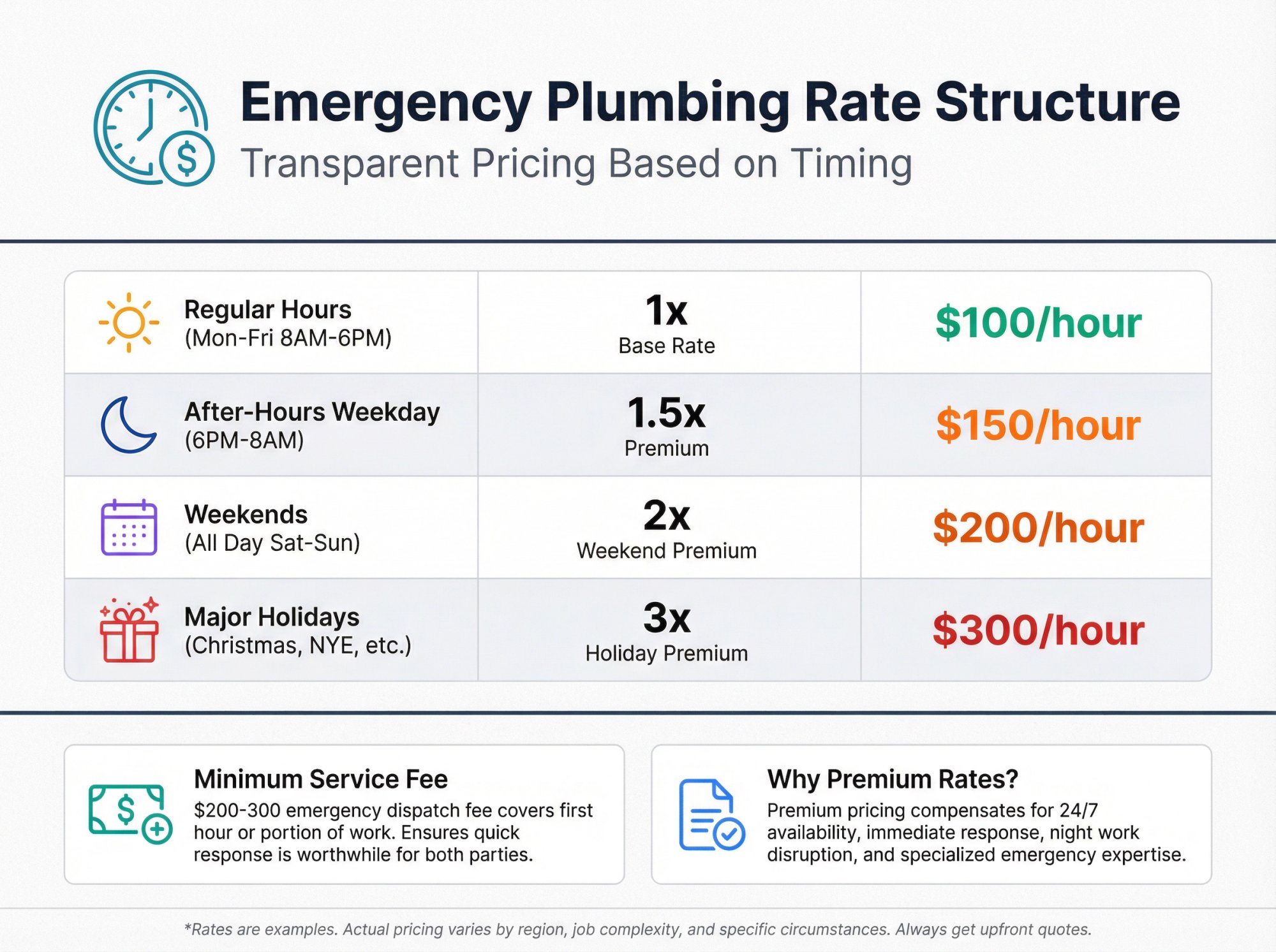 Professional pricing tier breakdown showing emergency plumbing rates by time of day with multiplier examples