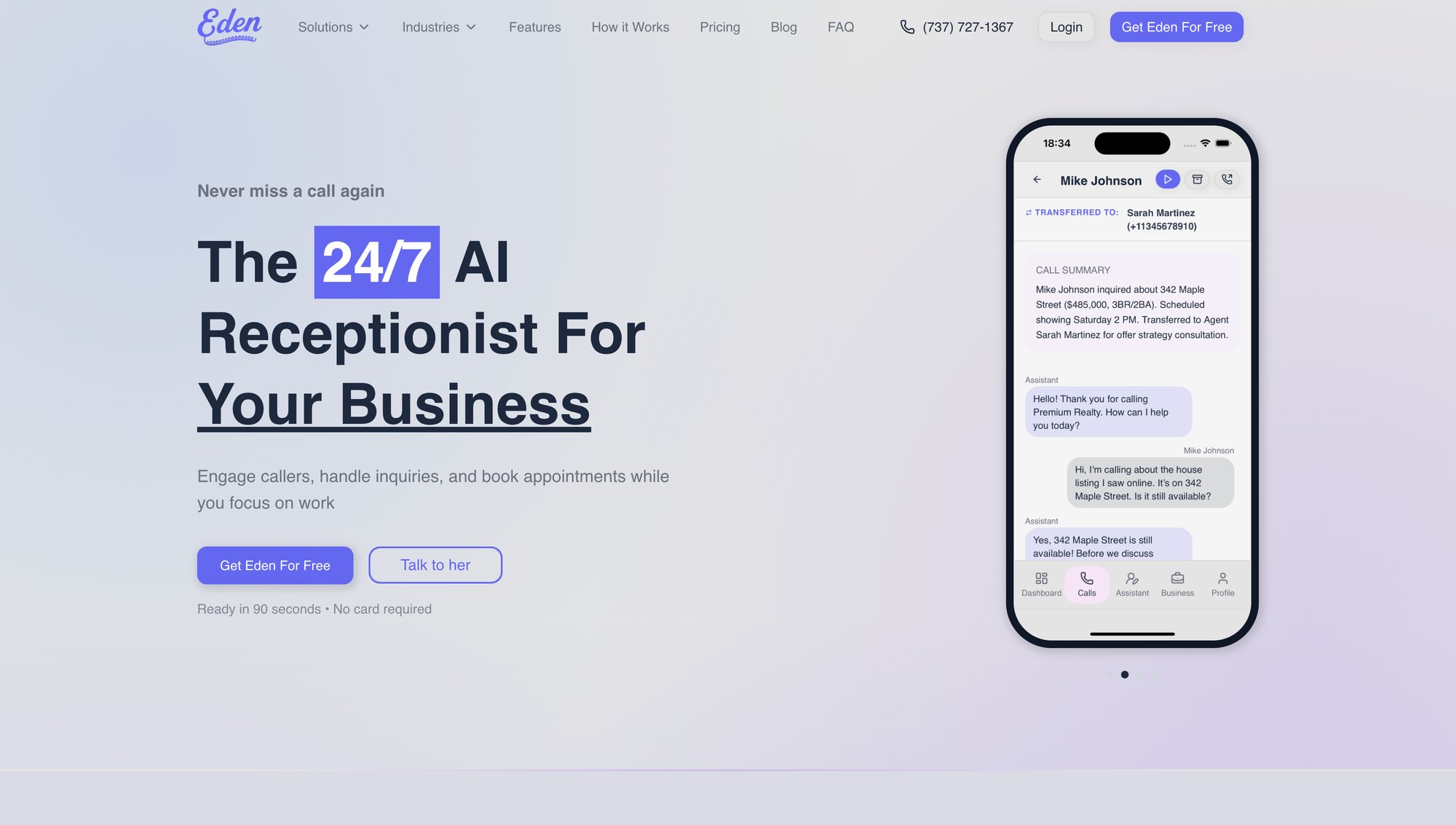 Landing page for Eden AI Receptionist showcasing a smartphone app with a chat conversation.