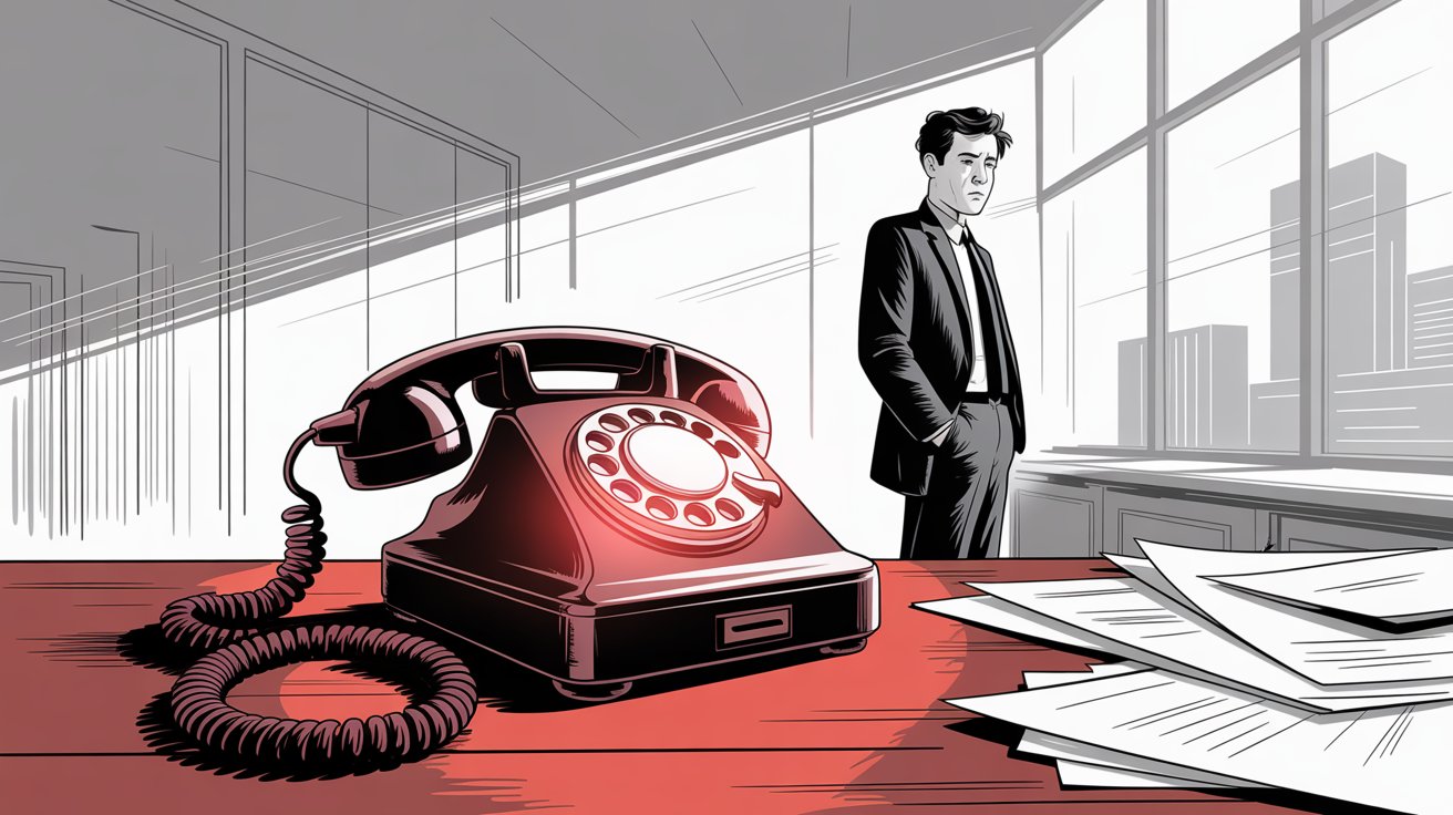 Professional office with unanswered red phone on desk and concerned businessman, illustrating the problem of missed business calls