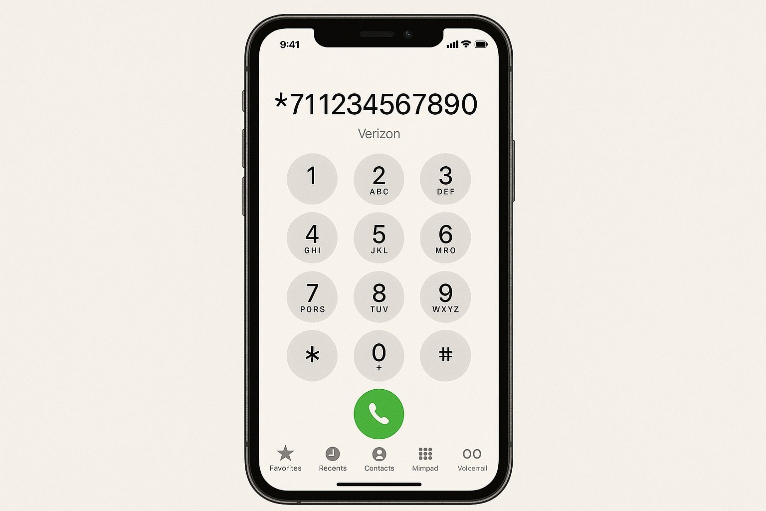 Smartphone screen displaying Verizon call forwarding code *711234567890 on dial pad
