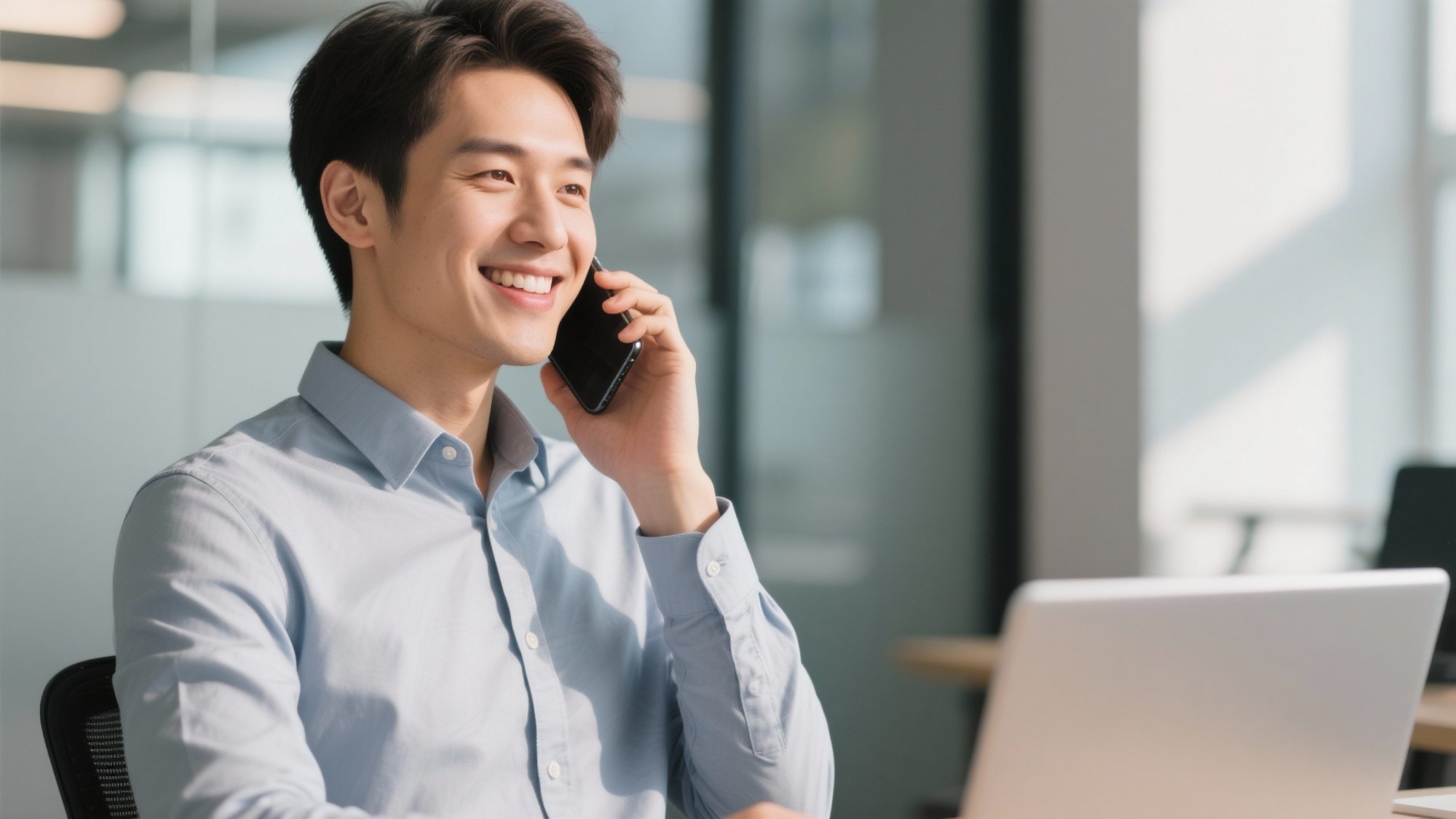 Professional customer smiling with satisfaction while on business phone call