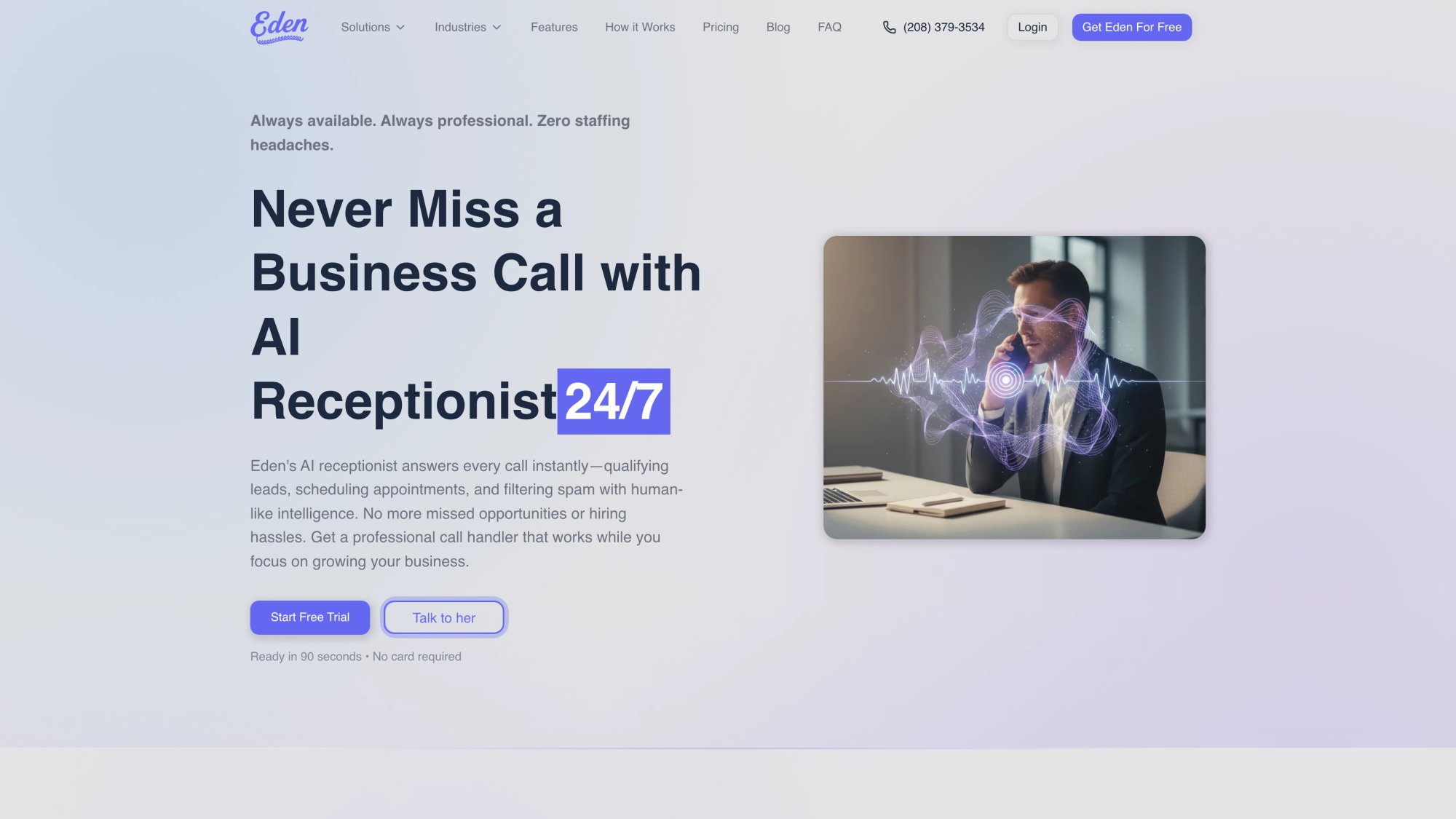 Eden AI receptionist solution page showing 24/7 call answering capabilities, lead capture, and appointment booking features for small businesses
