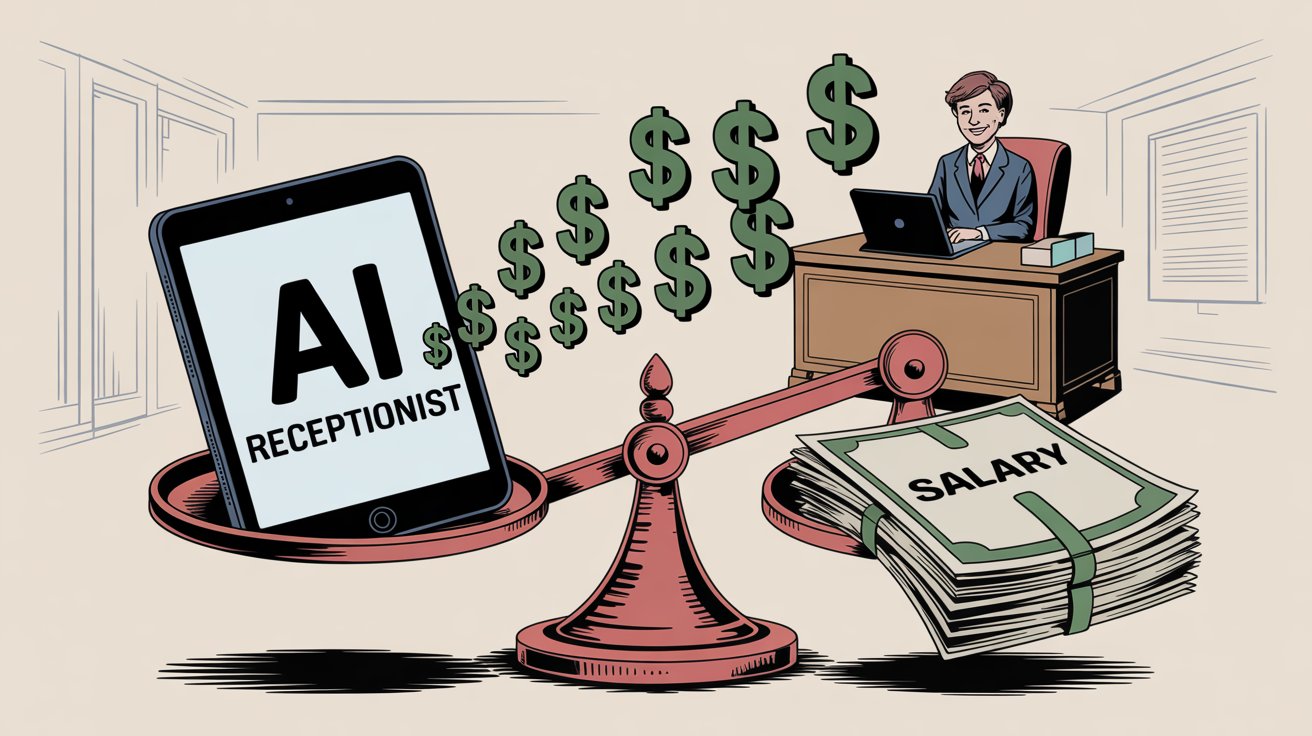 Balance scale showing cost comparison between AI receptionist and traditional full-time receptionist salary
