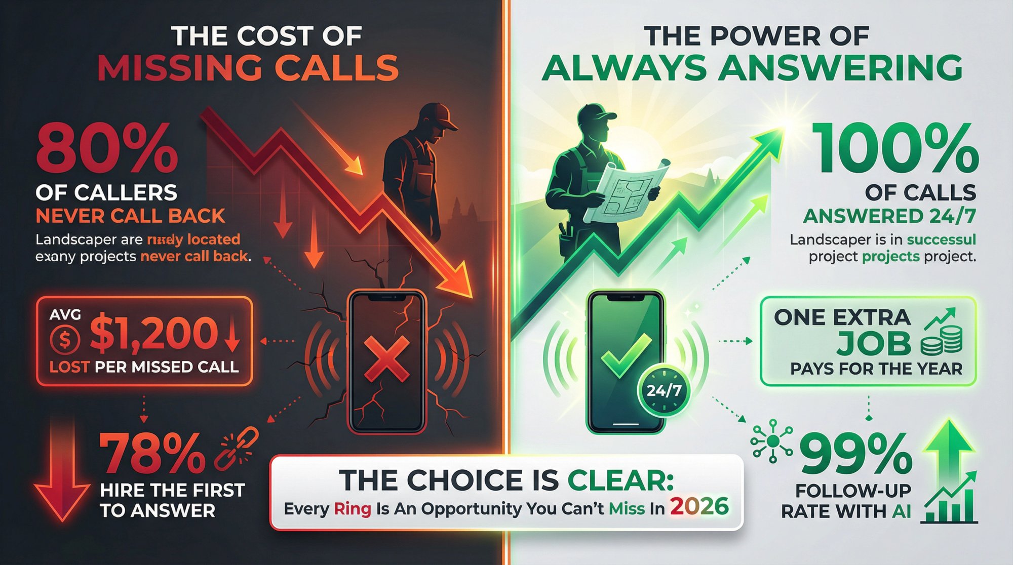 Side-by-side comparison of missed calls (lost revenue) vs answered calls (captured contracts) for landscapers, with urgency metrics showing 78% customer preference for first responder