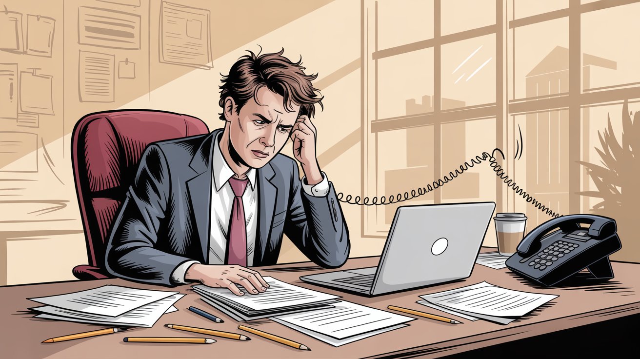 Stressed business owner at desk unable to answer urgent ringing phone - illustrating the costly problem of missed calls and lost opportunities