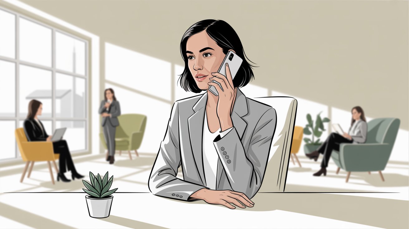 Professional businesswoman on phone call in modern office with colleagues working in background