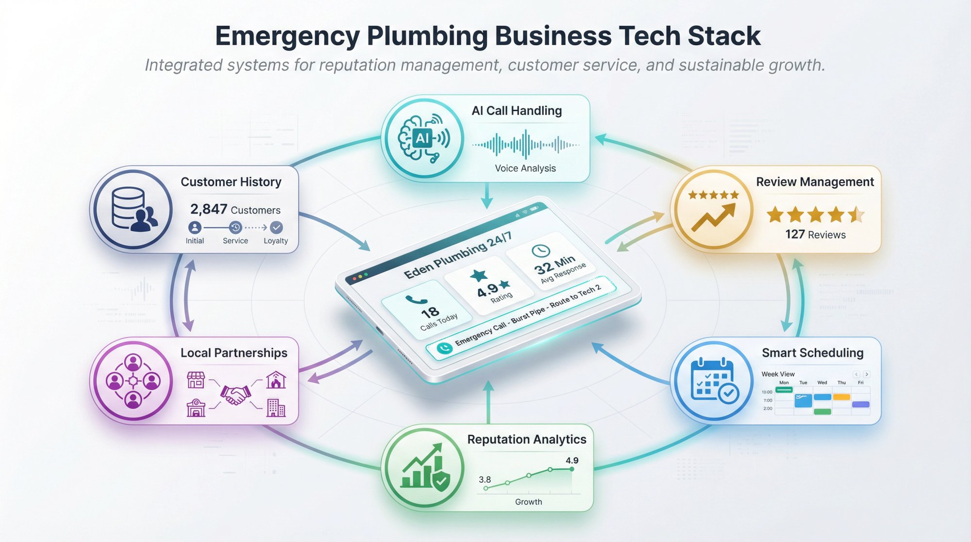 Emergency plumbing business technology ecosystem showing AI call routing, scheduling software, customer feedback platform, and reputation management dashboard