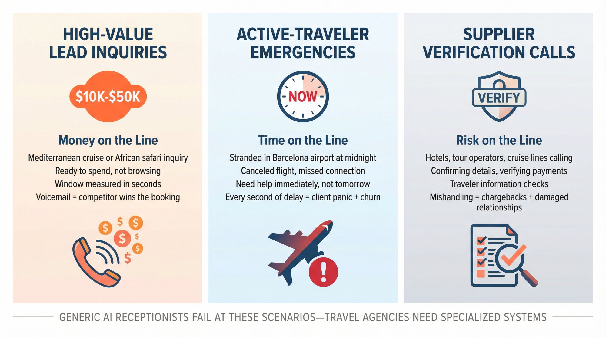 Infographic showing three critical call types travel agencies receive: high-value leads, traveler emergencies, and supplier verification