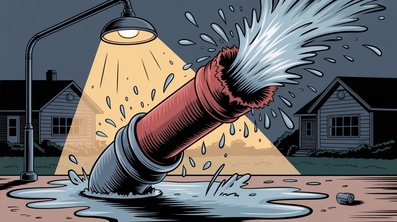 Property management emergency burst pipe flooding at night illustrating after-hours maintenance crisis