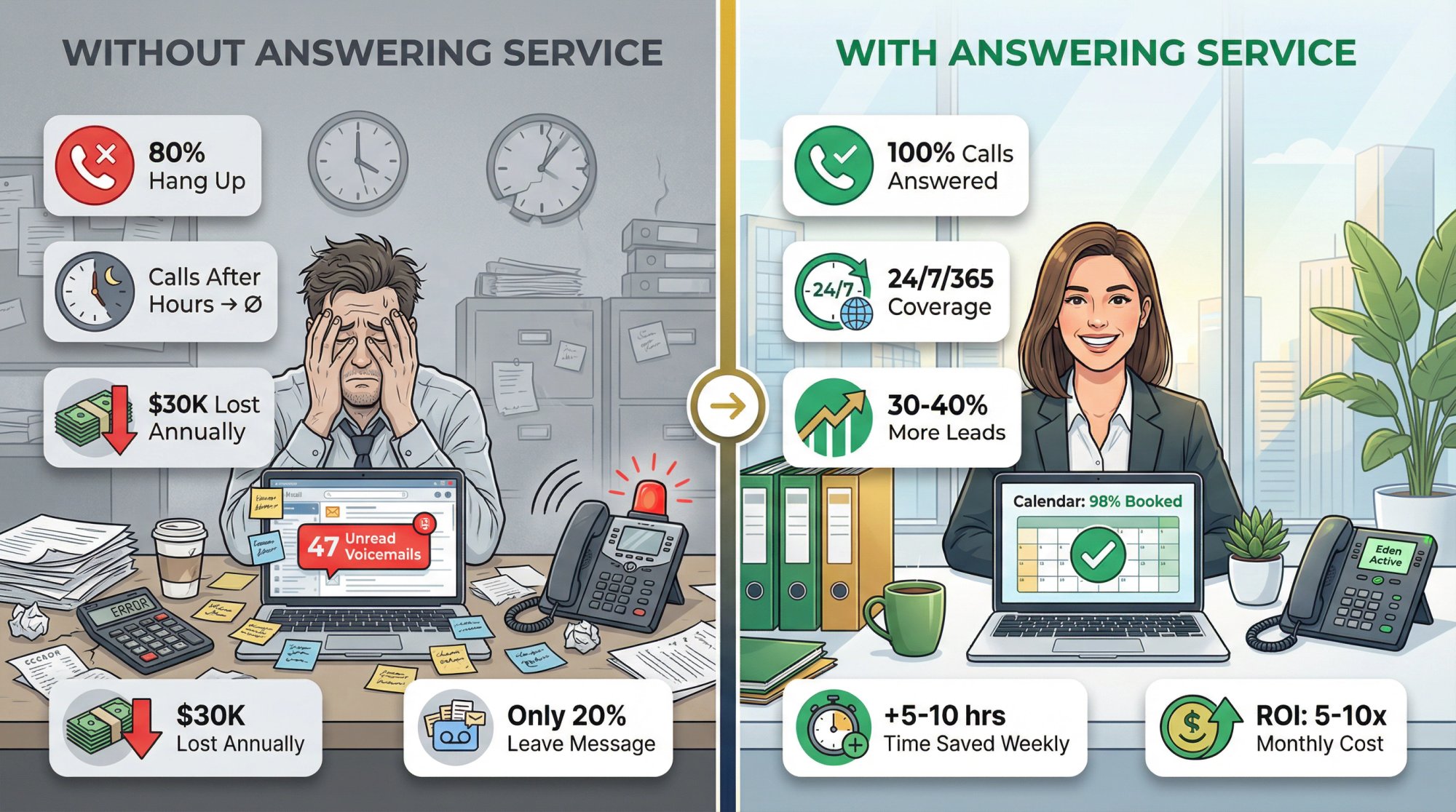 Side-by-side comparison showing accounting firm chaos without answering service versus organized success with 24/7 call coverage