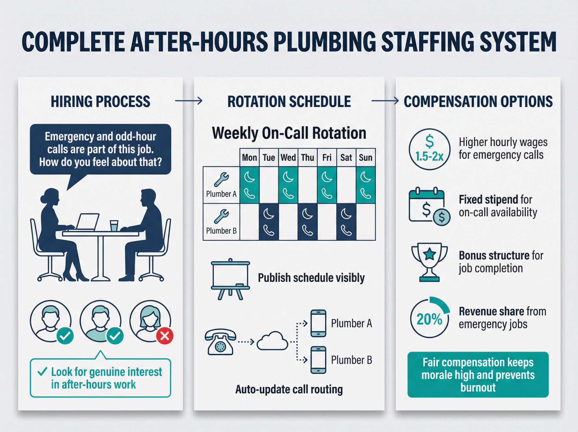 Visual guide showing the hiring and scheduling workflow for after-hours plumbing staff including interview process, rotation calendar, and compensation structures
