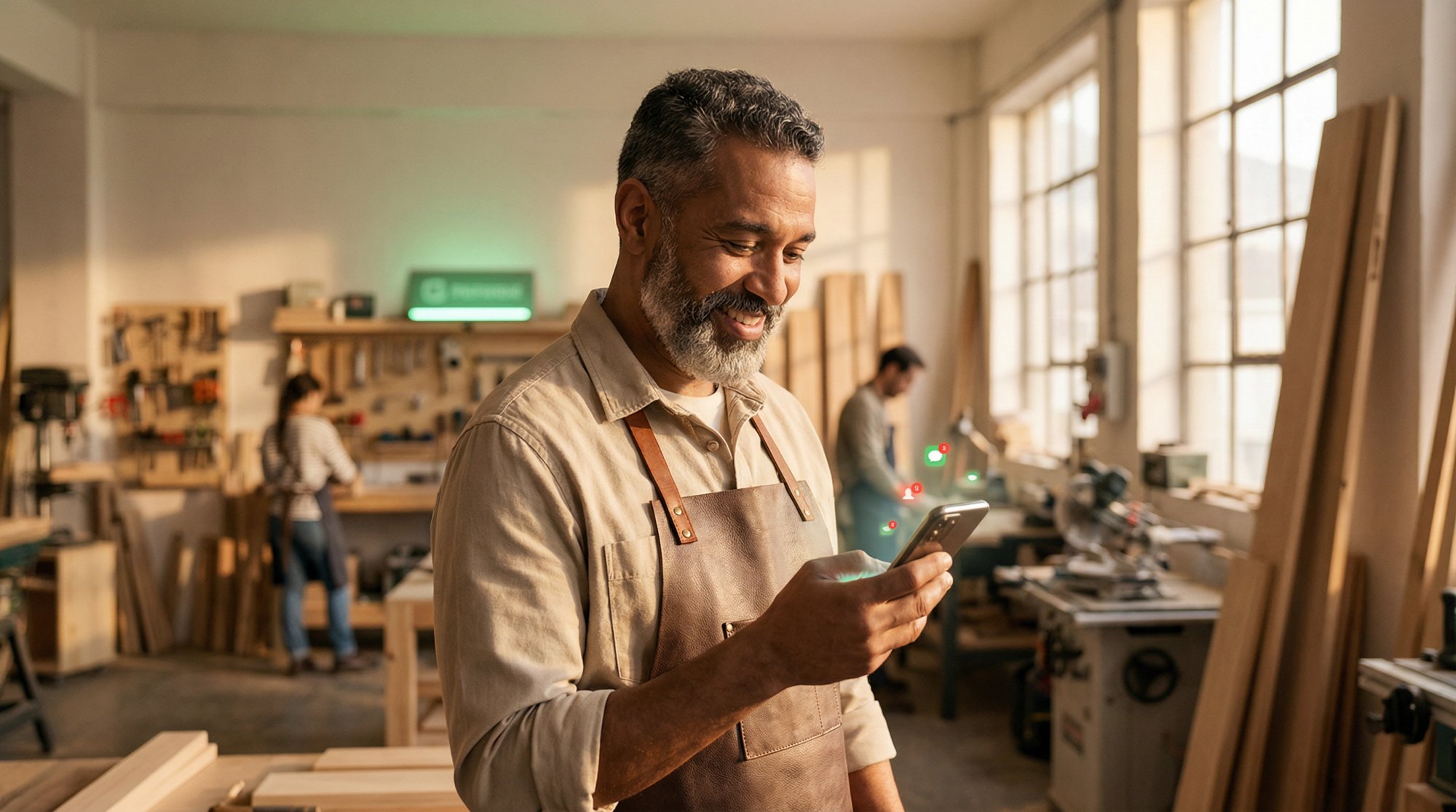 Confident small business owner smiling while glancing at phone showing captured leads, radiating success and peace of mind