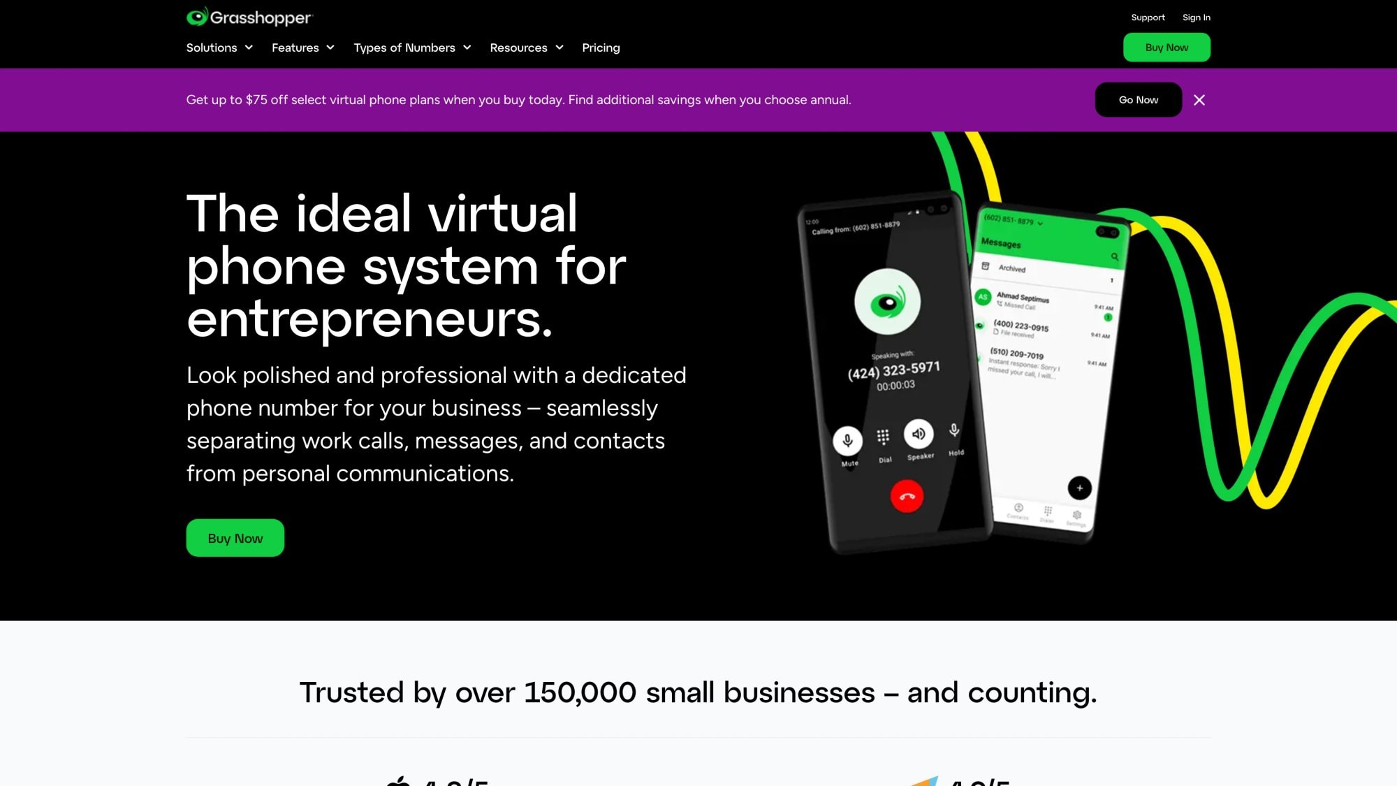 Grasshopper virtual phone system homepage showing entrepreneur-focused messaging and app UI