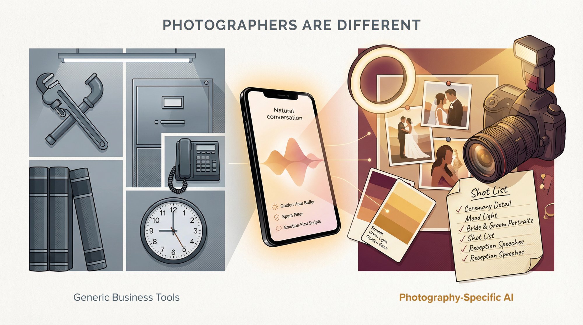 Split composition showing generic business tools on left versus creative photography equipment on right, connected by modern AI interface