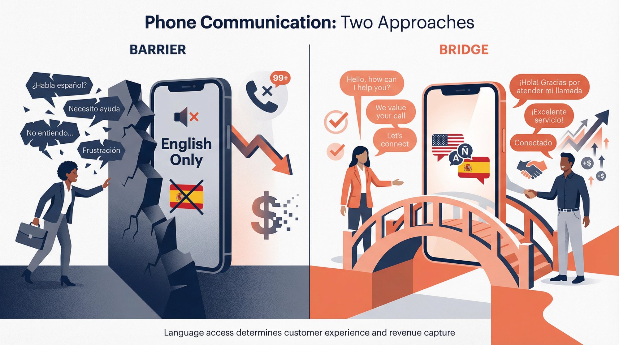 Split-screen visual showing phone as bridge connecting diverse customers versus barrier blocking Spanish speakers