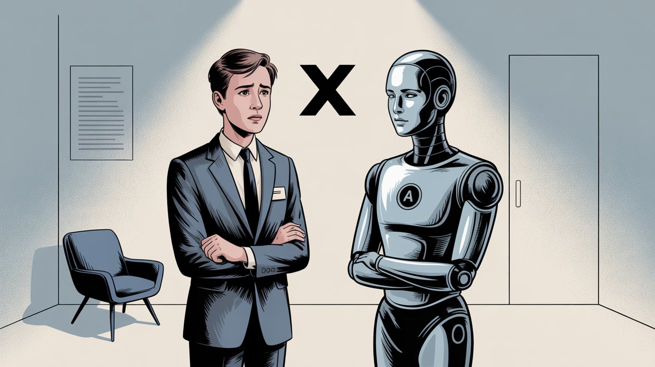 Decision point illustration showing choice between human virtual receptionist and AI virtual receptionist options