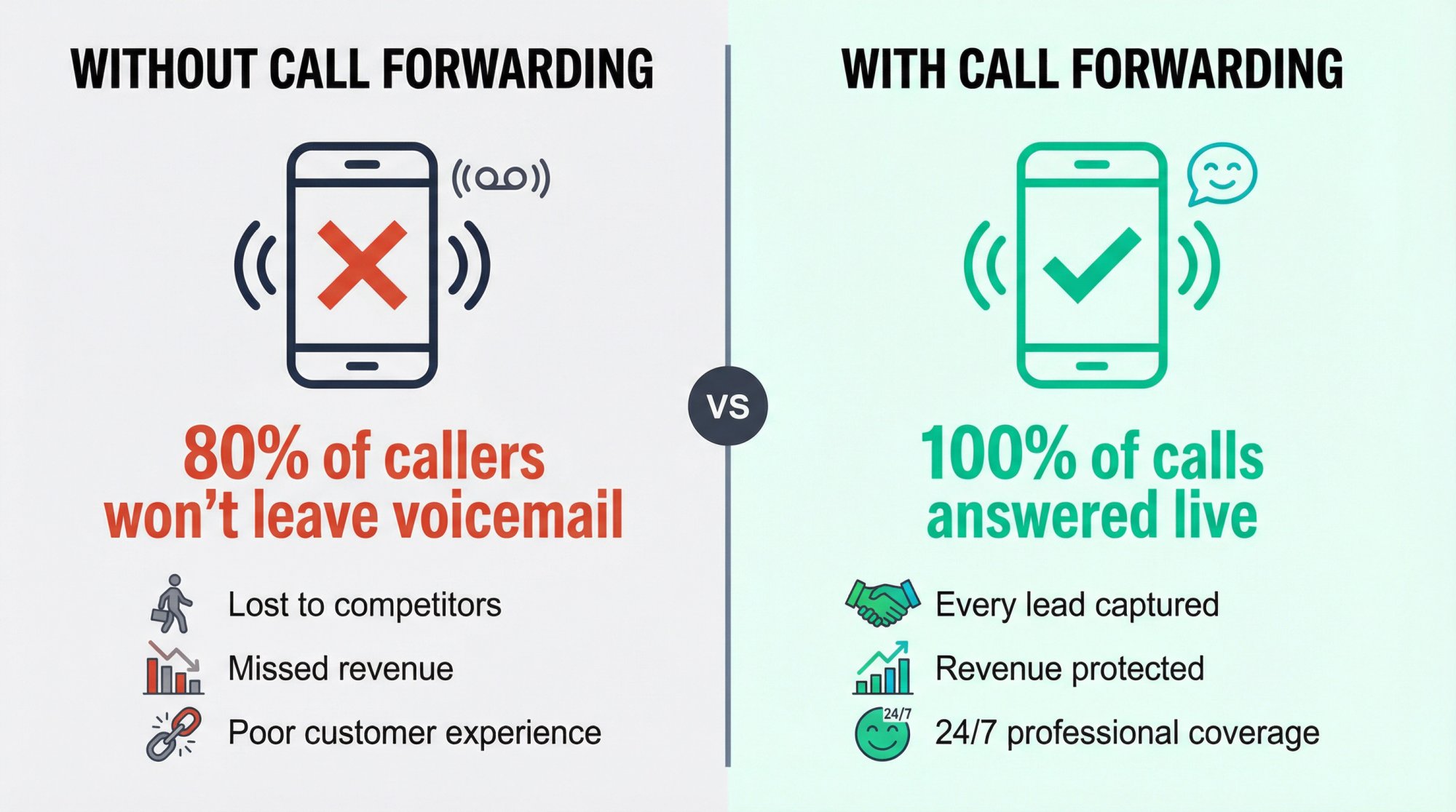 Visual showing the dramatic difference between calls going to voicemail versus being answered by a live service
