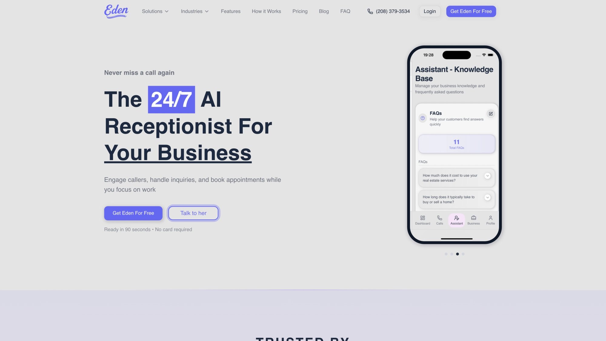 Eden AI receptionist homepage showing 24/7 automated call answering and appointment booking for automotive service businesses