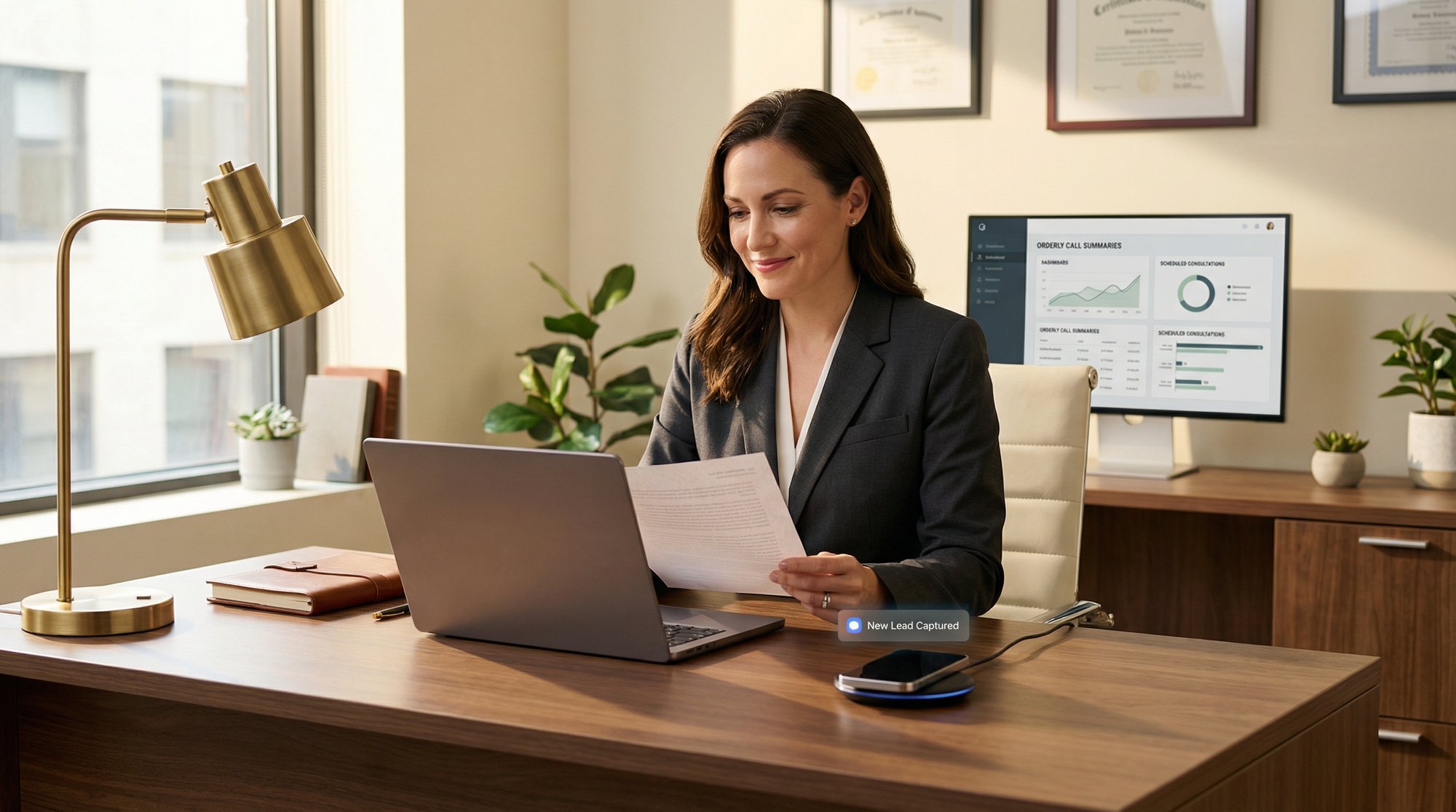 Confident attorney focused on casework while phone calls are professionally answered in the background