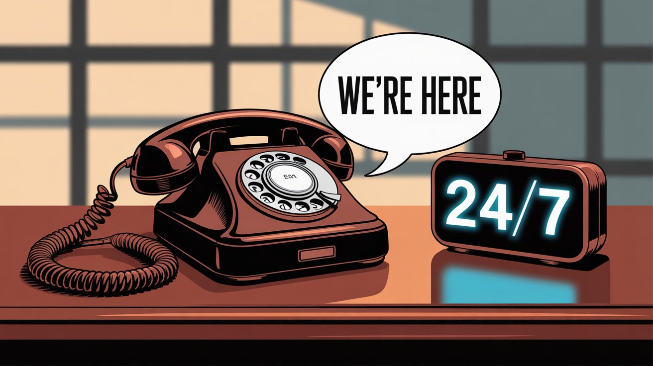 Hand-drawn illustration of vintage telephone with 24/7 digital clock and speech bubble saying we're here, representing round-the-clock customer service availability