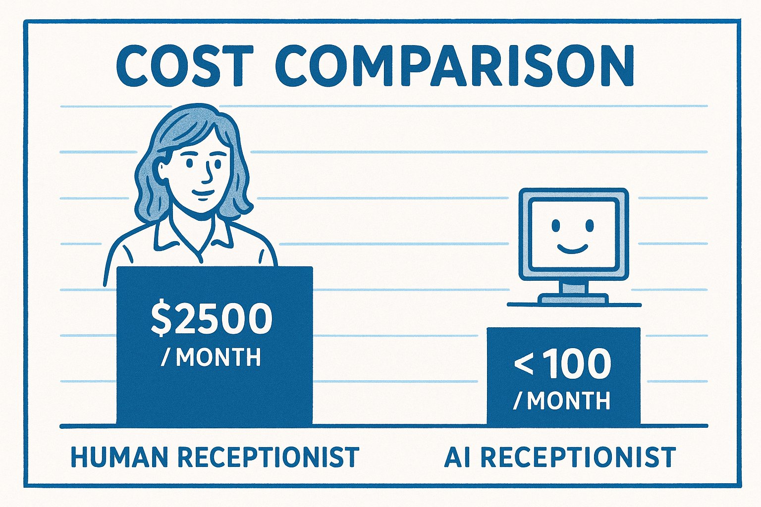 Cost comparison chart showing Human Receptionist at $2500 per month versus AI Receptionist at under $100 per month