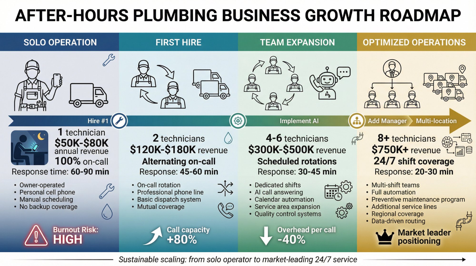 Four-stage visual roadmap showing after-hours plumbing business growth from solo operation to multi-technician team with metrics and capabilities at each phase