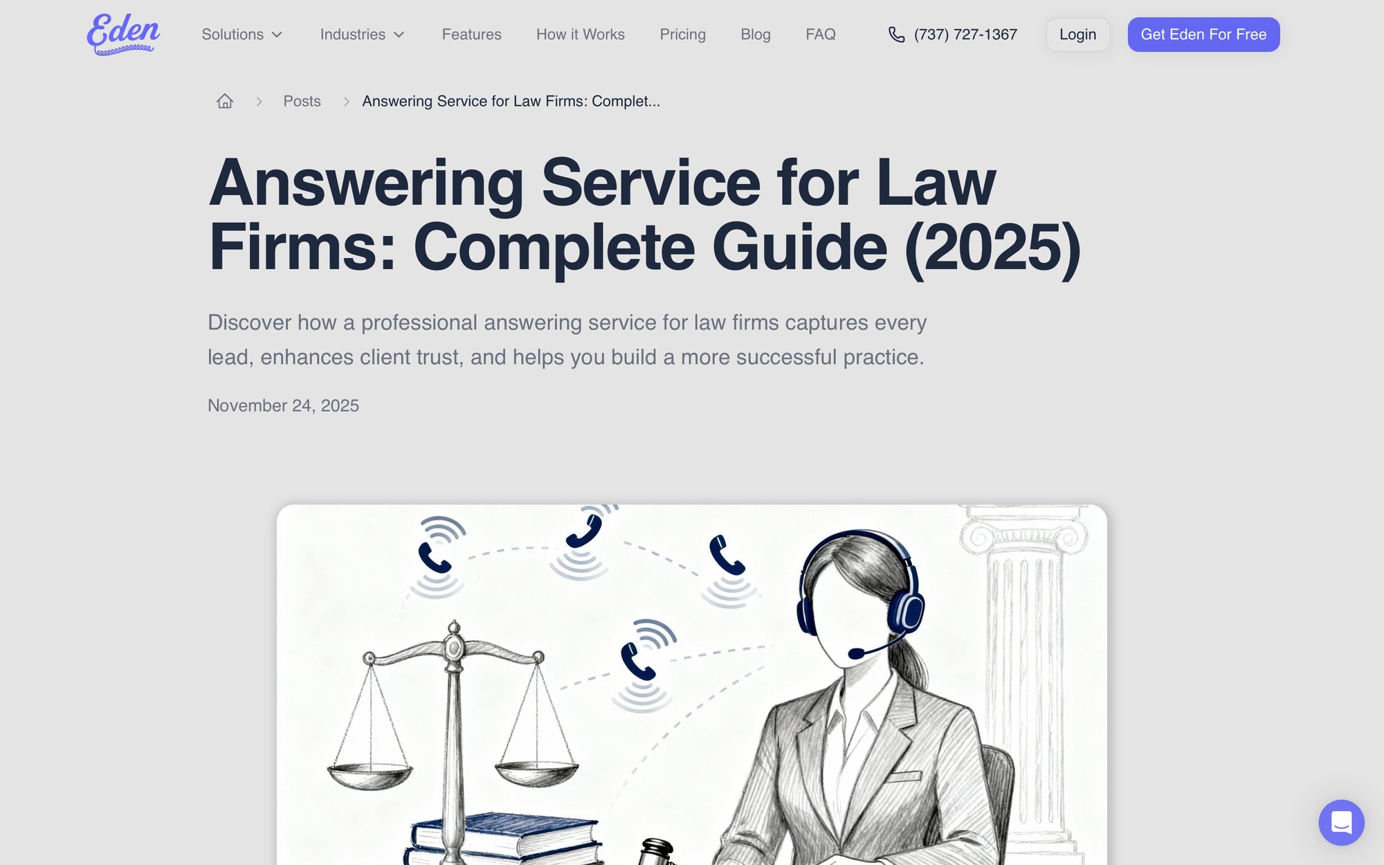 Illustration of an answering service agent, a scale of justice, and phone call icons, representing a legal answering service.