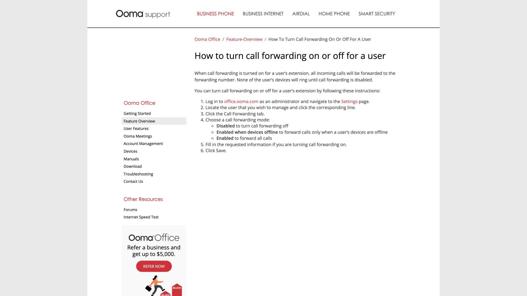 Ooma Office support documentation page explaining how to turn call forwarding on or off for users through the Office Manager web portal