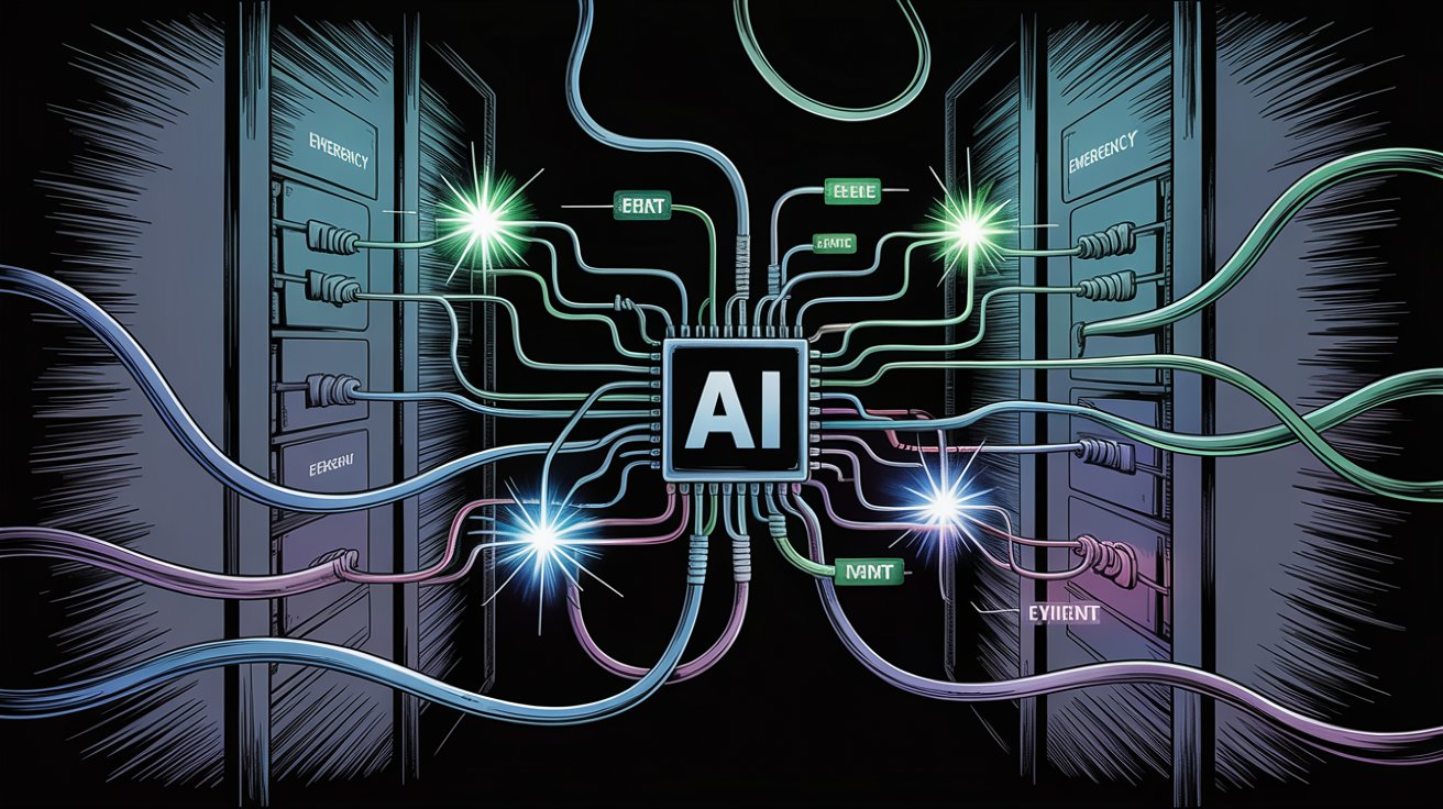 Illustration of AI chip processing emergency keywords with connected servers showing intelligent emergency detection technology
