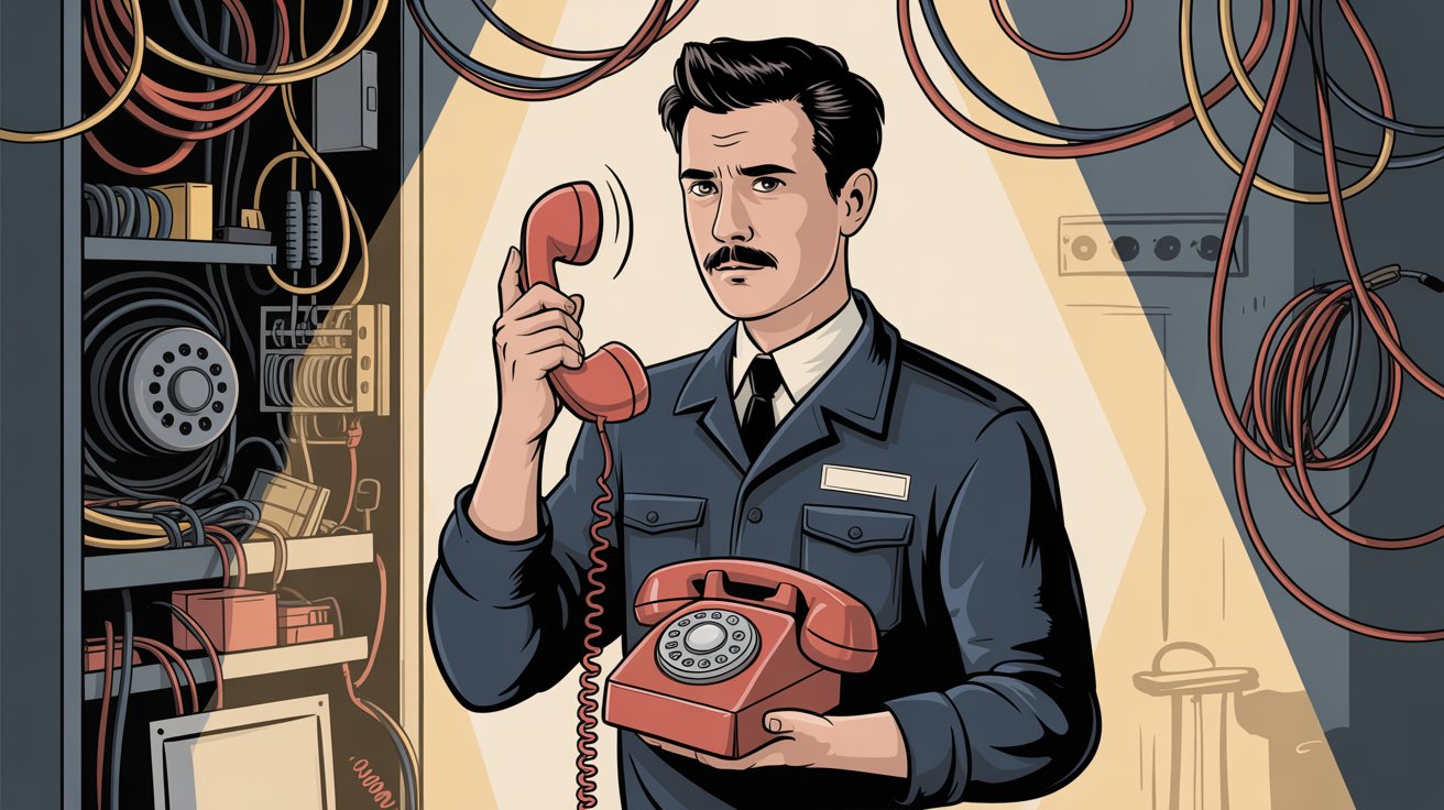 Professional electrician holding a telephone surrounded by electrical wiring and equipment, illustrating the challenge of managing phone calls while working