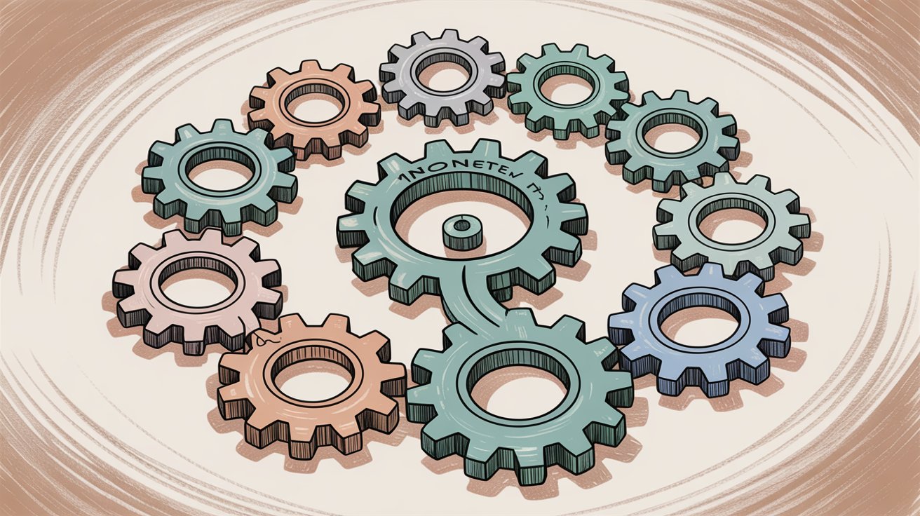 Interconnected gears illustrating maintenance ticket workflow and process automation