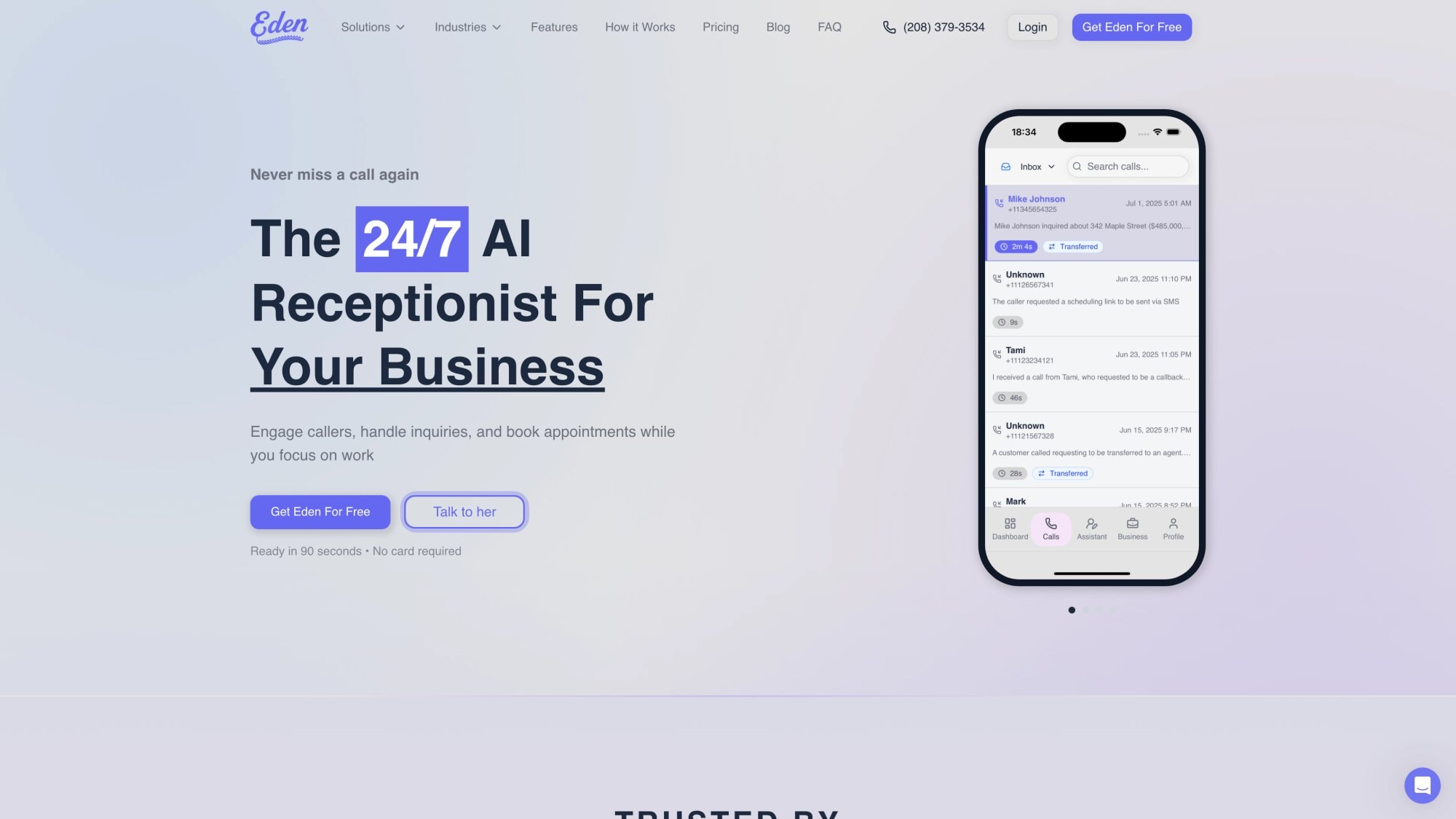 Eden AI receptionist homepage showing 24/7 answering product with call inbox dashboard and Get Eden For Free CTA