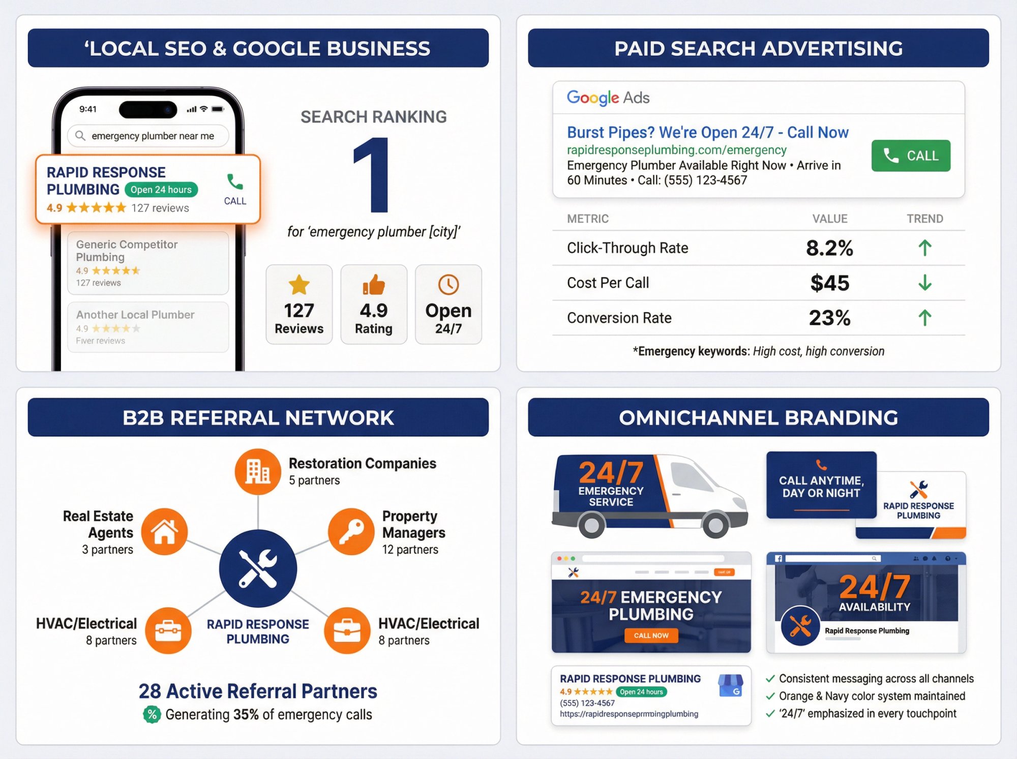 Comprehensive digital marketing dashboard showing SEO rankings, Google Ads performance, referral partnerships, and brand touchpoints for 24/7 plumbing service