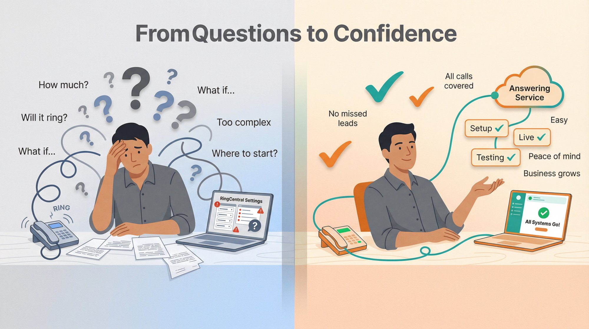 Split-panel illustration showing business owner transformation from confused by call forwarding questions to confident with clear answers