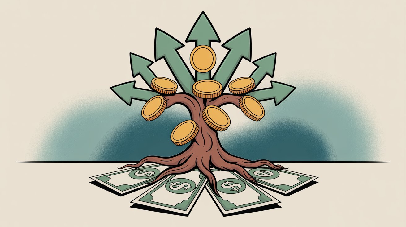 Money tree growing from dollar bills representing cost savings and business growth