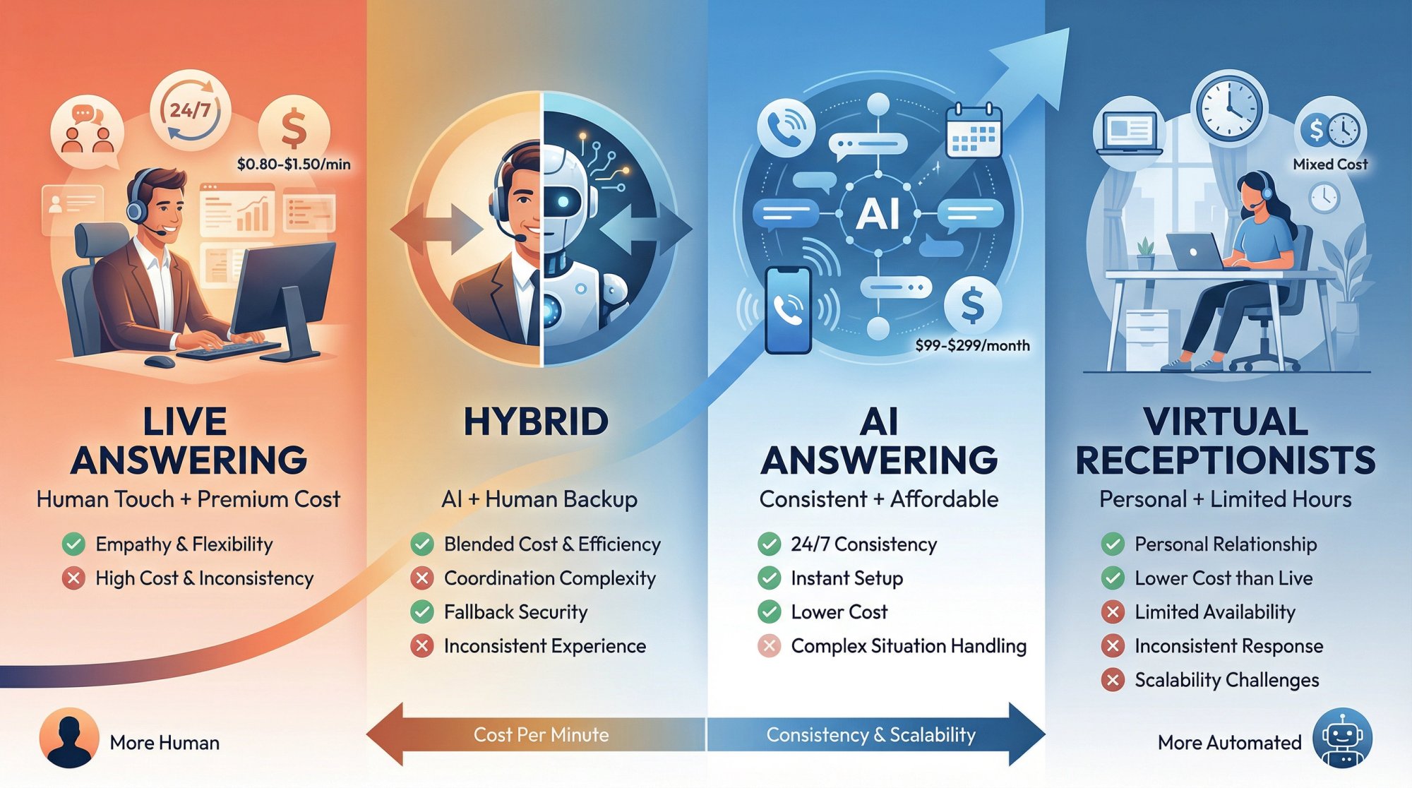 Comparison spectrum of property management answering services showing human call centers, hybrid, and AI solutions with cost, consistency, and capability differences