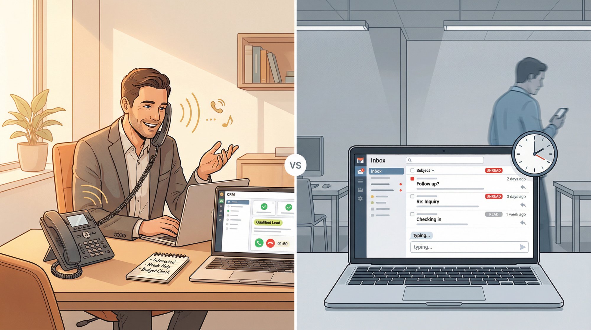 Split-screen comparison showing phone's advantage for lead qualification: warm consultative conversation versus cold delayed email