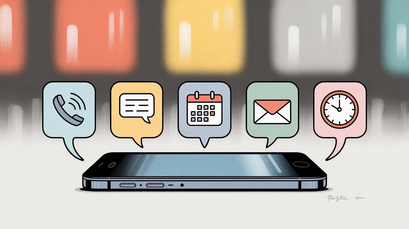 Modern smartphone with five service capability icons (phone, messaging, calendar, email, clock) floating above in speech bubbles