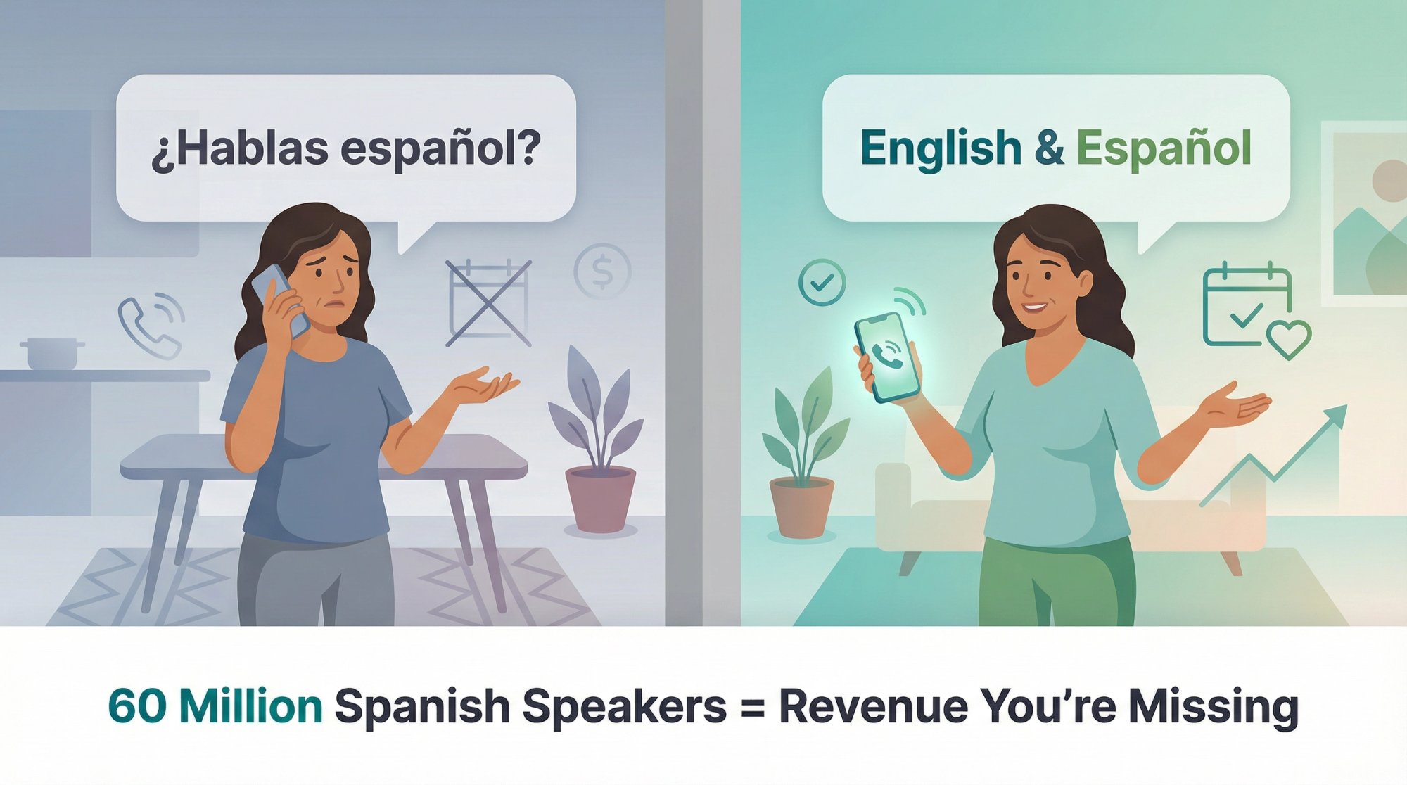 Split illustration showing frustrated Spanish-speaking caller hanging up versus successful bilingual business call connection