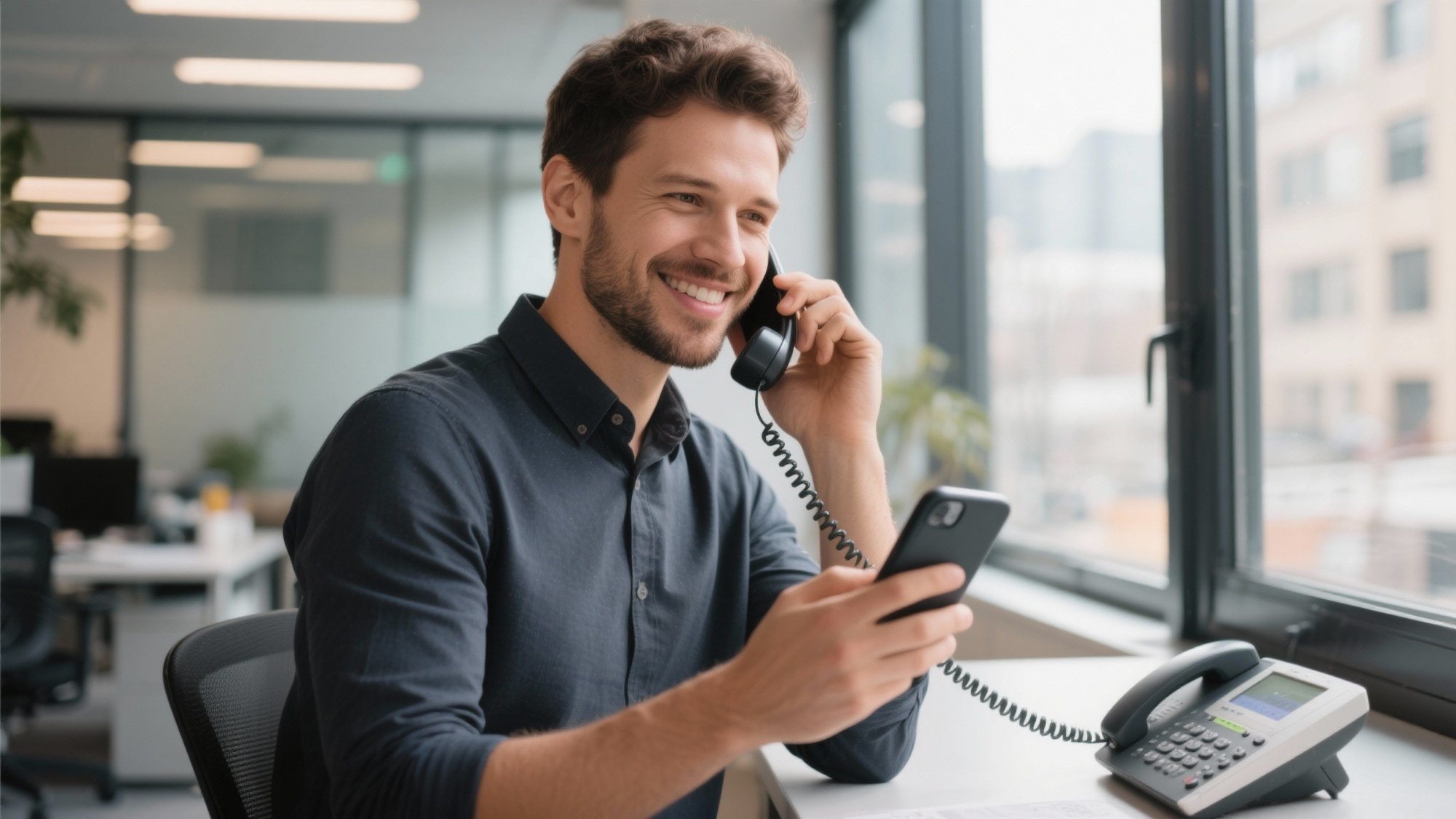 Professional photograph of confident small business owner using smartphone successfully with call forwarding active