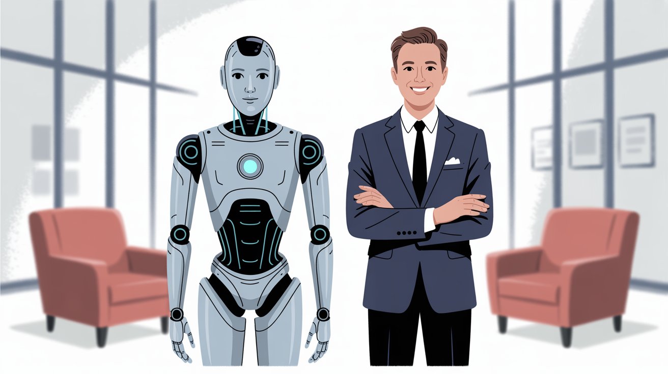 AI robot and human professional standing side by side in modern office comparing answering service approaches