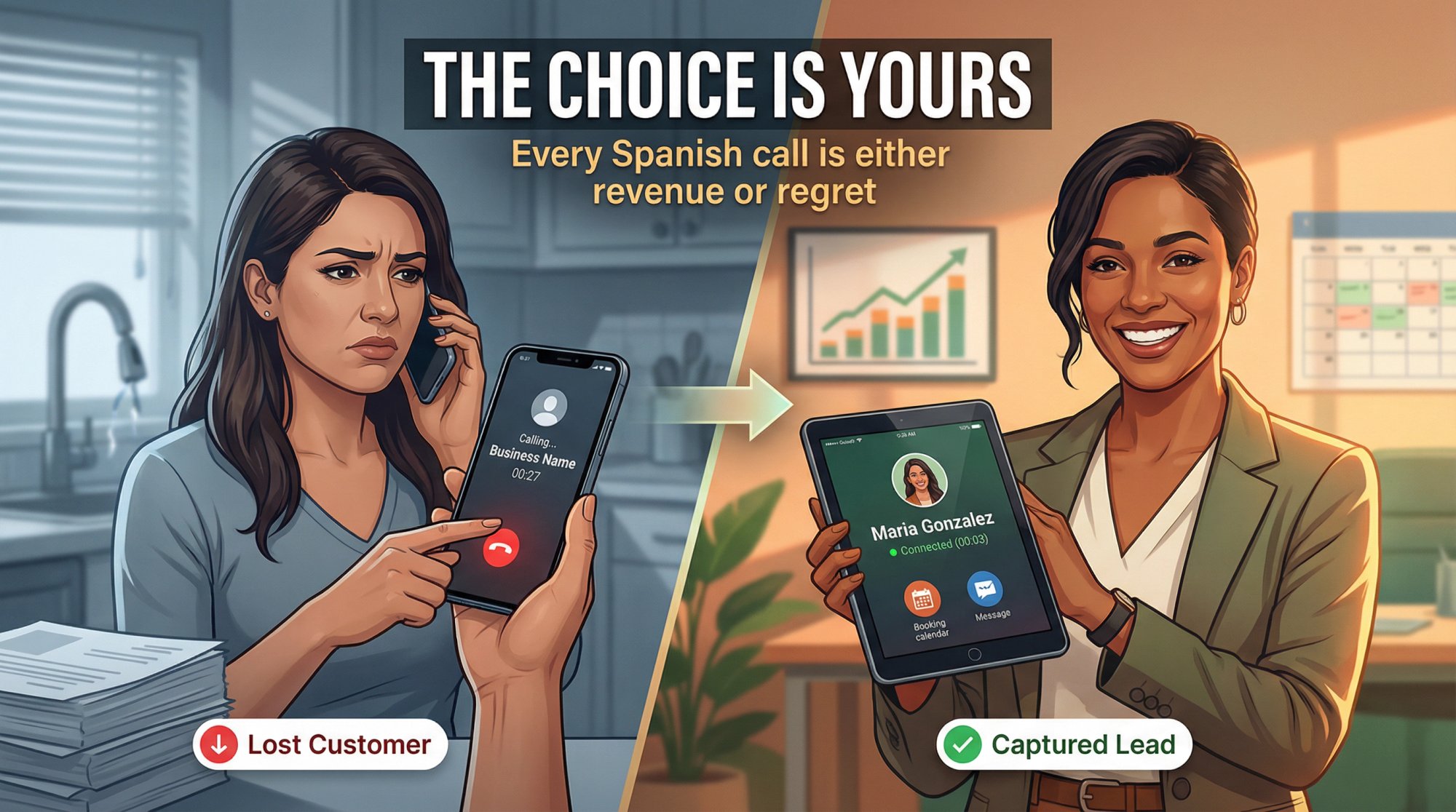 Split-screen composition showing frustrated Spanish-speaking caller on left and confident business owner capturing opportunity on right