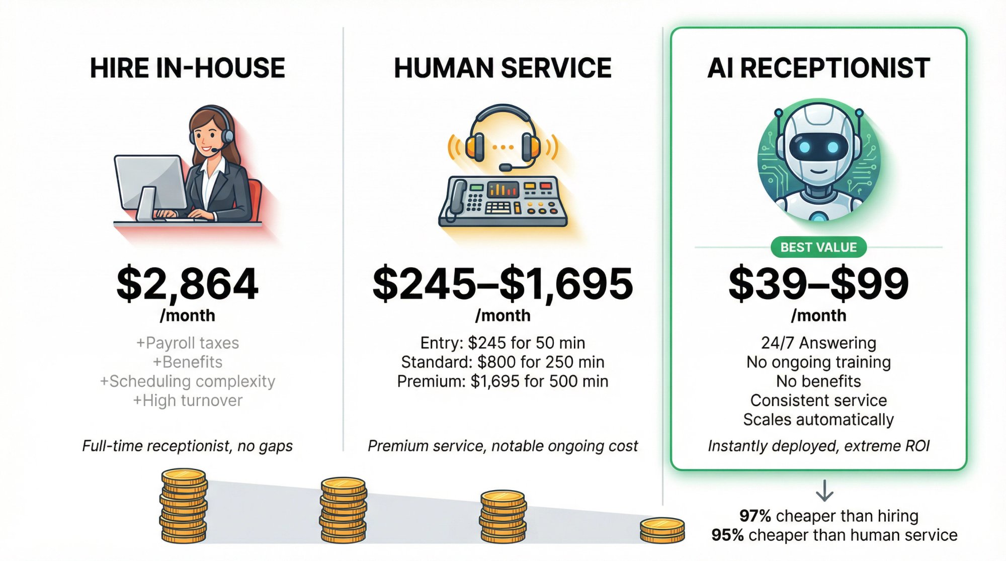 Cost comparison infographic showing three AI receptionist options: traditional hiring at $2,864/month, human answering services at $245-$1,695/month, and AI receptionist solutions highlighted as the most affordable choice for gym owners