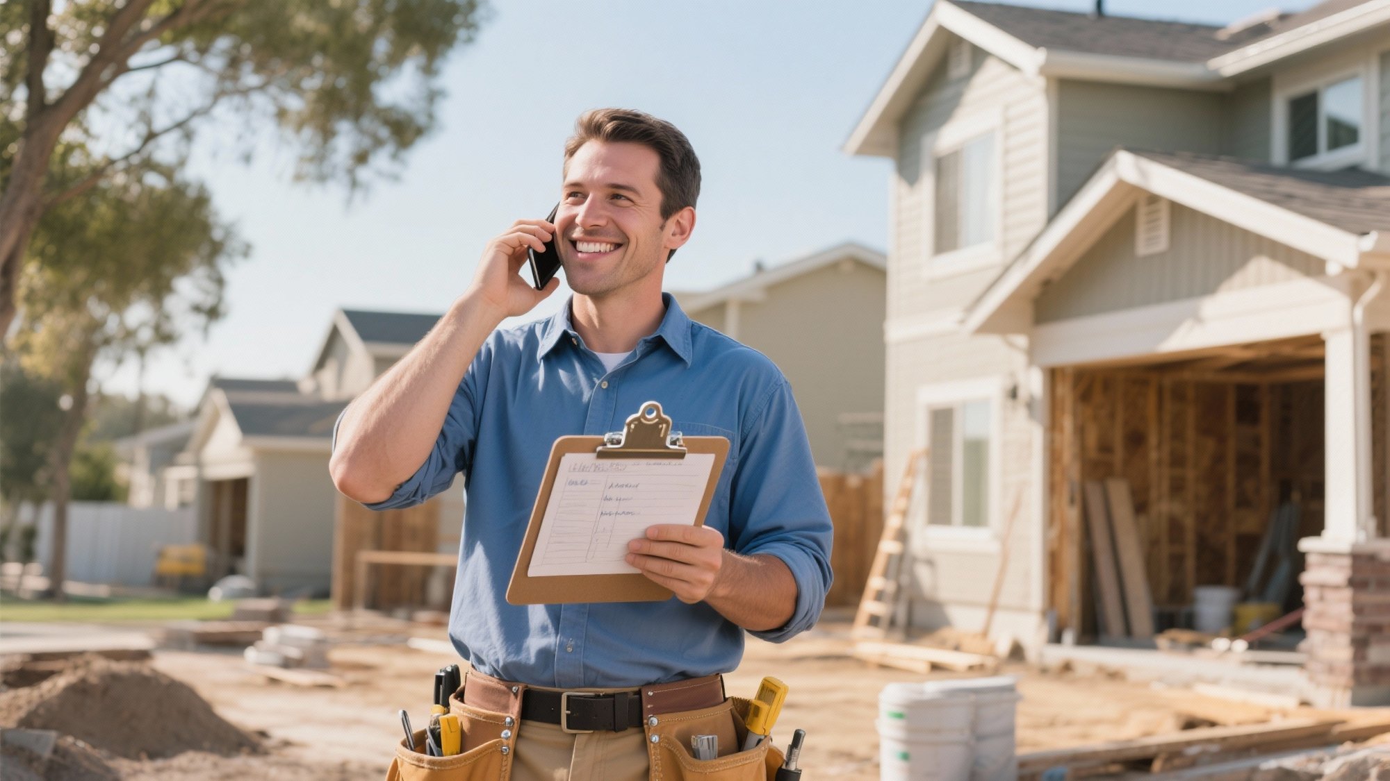 Professional contractor smiling while speaking on phone and holding clipboard with project notes at residential construction site