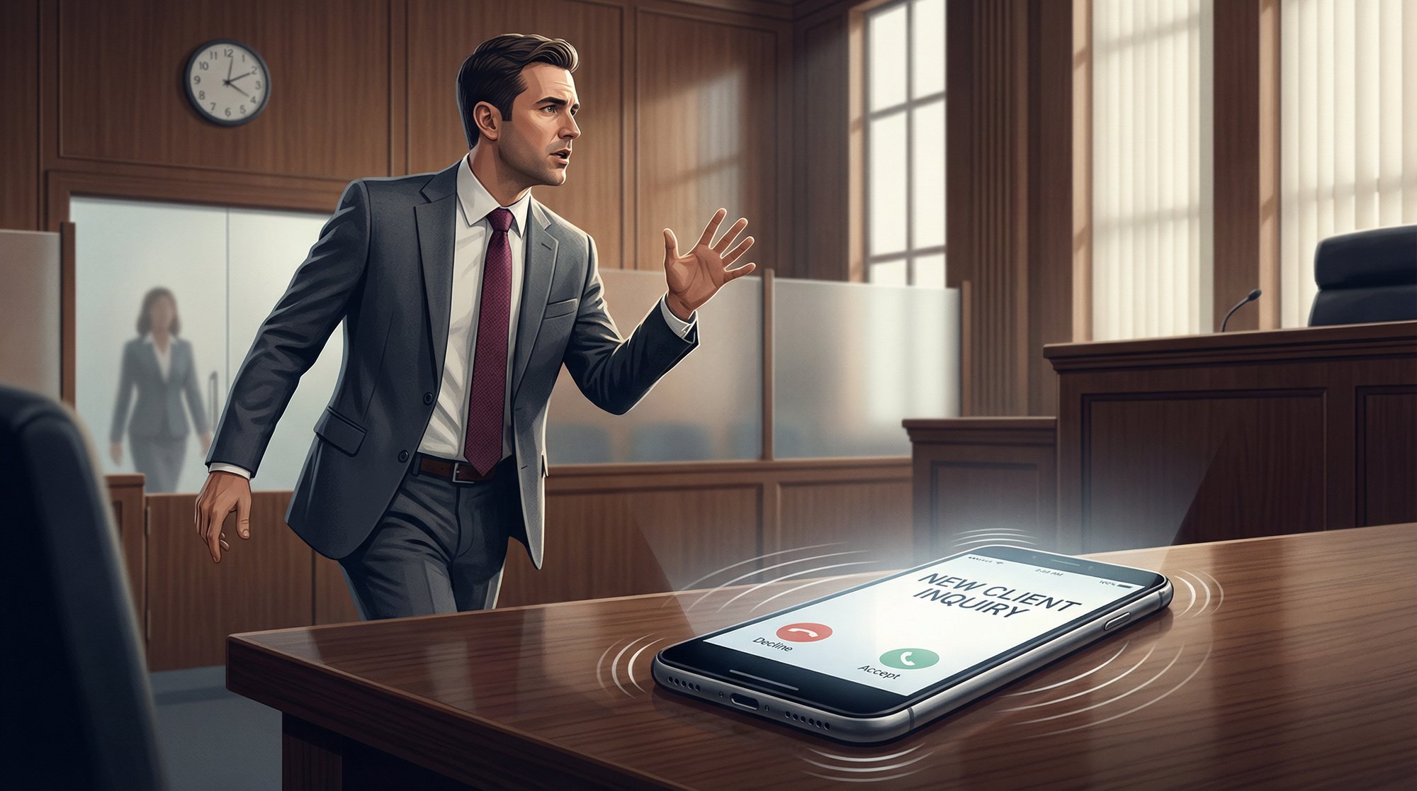 Attorney in courtroom missing urgent client call while phone buzzes on desk, illustrating costly communication gap