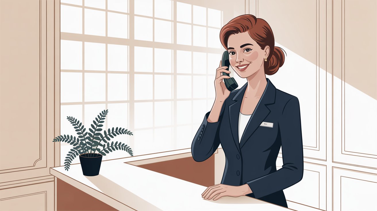 Professional receptionist answering business calls with welcoming demeanor at modern office desk