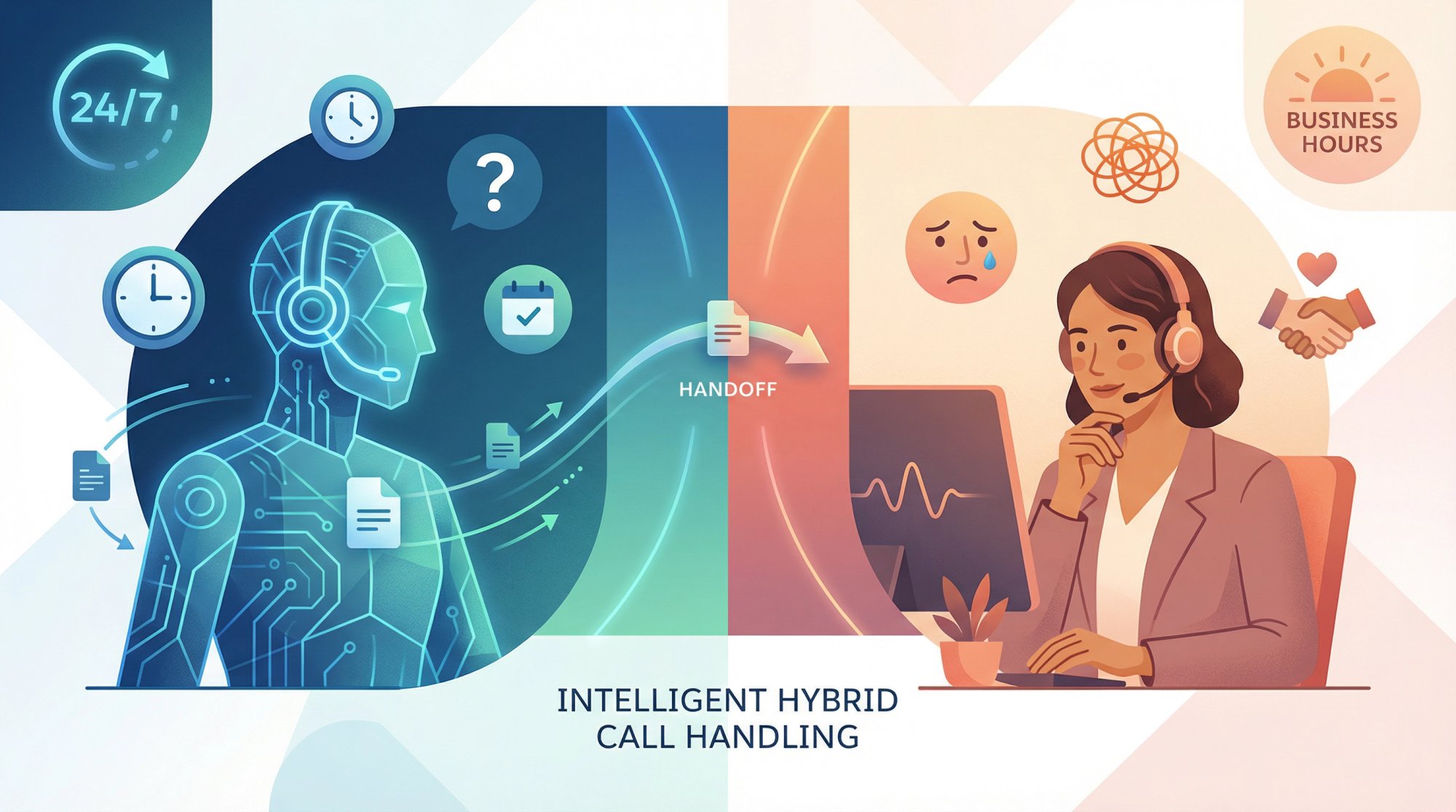 Split illustration showing AI receptionist handling routine calls while seamlessly connecting complex cases to human operators