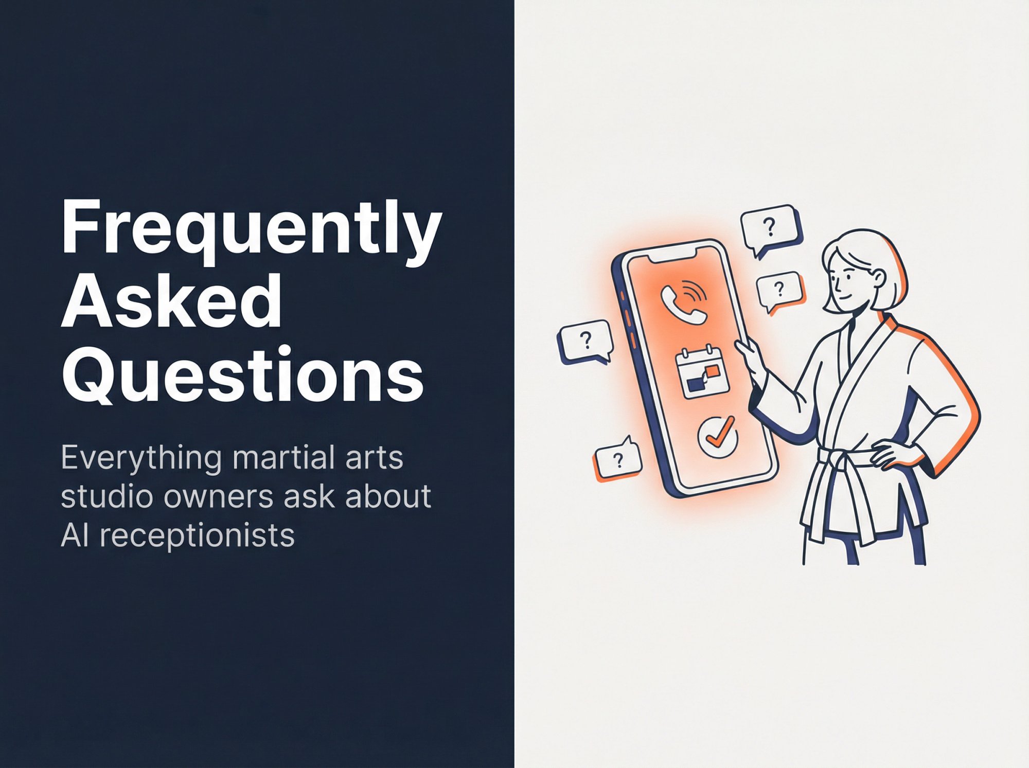 Professional FAQ visual for martial arts studio AI receptionist questions with clean design and trust-building elements