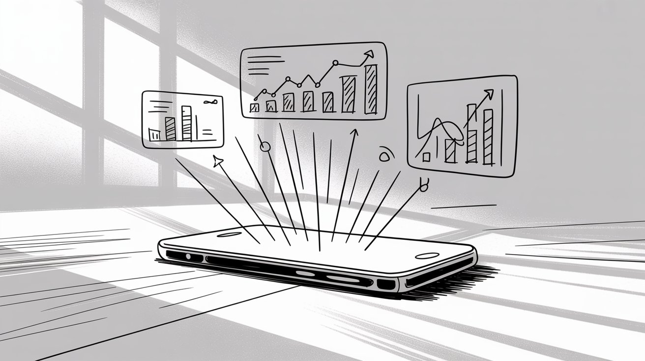 Business analytics and growth charts radiating from smartphone illustrating SMS business use cases