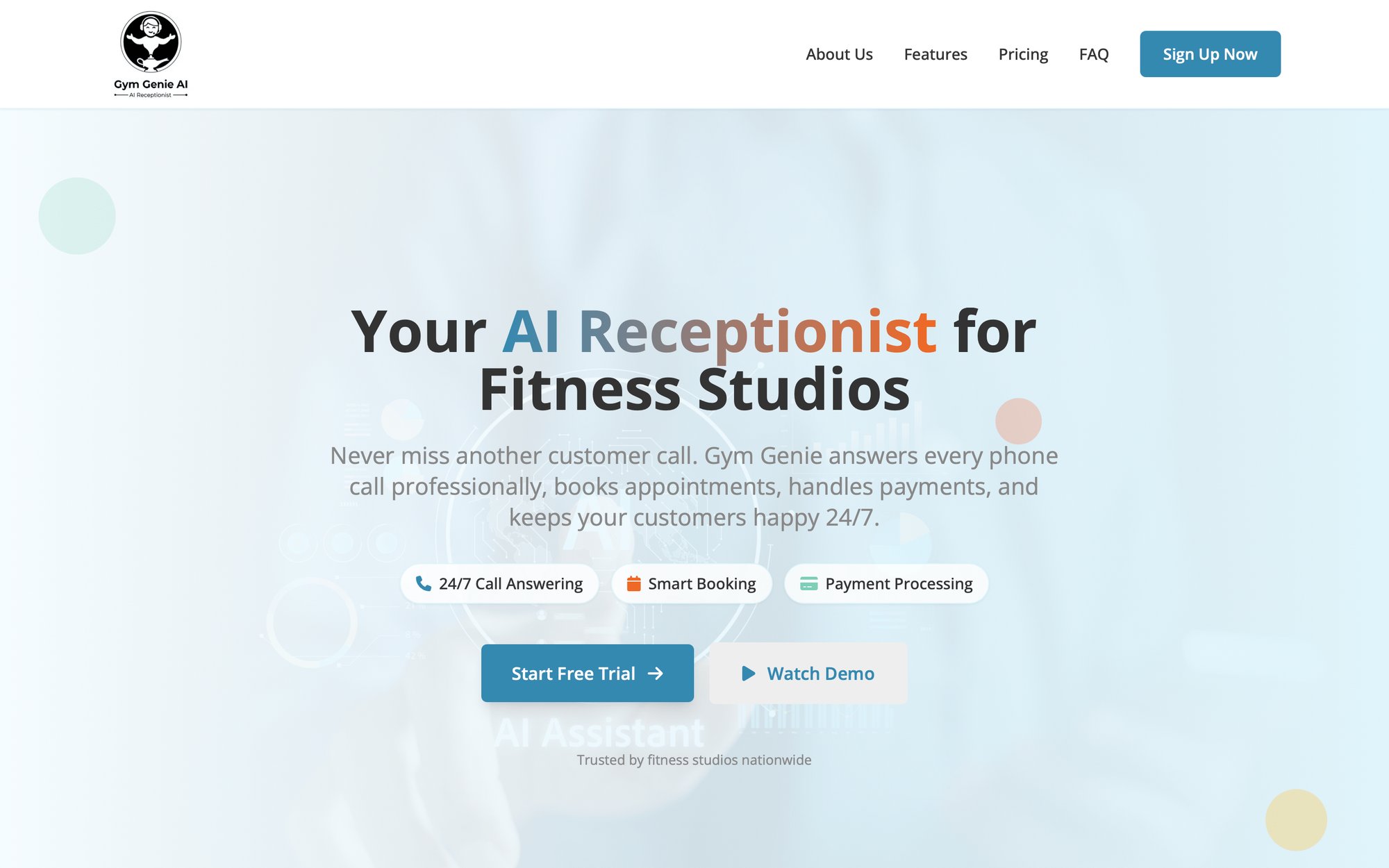 Landing page for Gym Genie AI, an AI receptionist service for fitness studios, showing features and calls to action.
